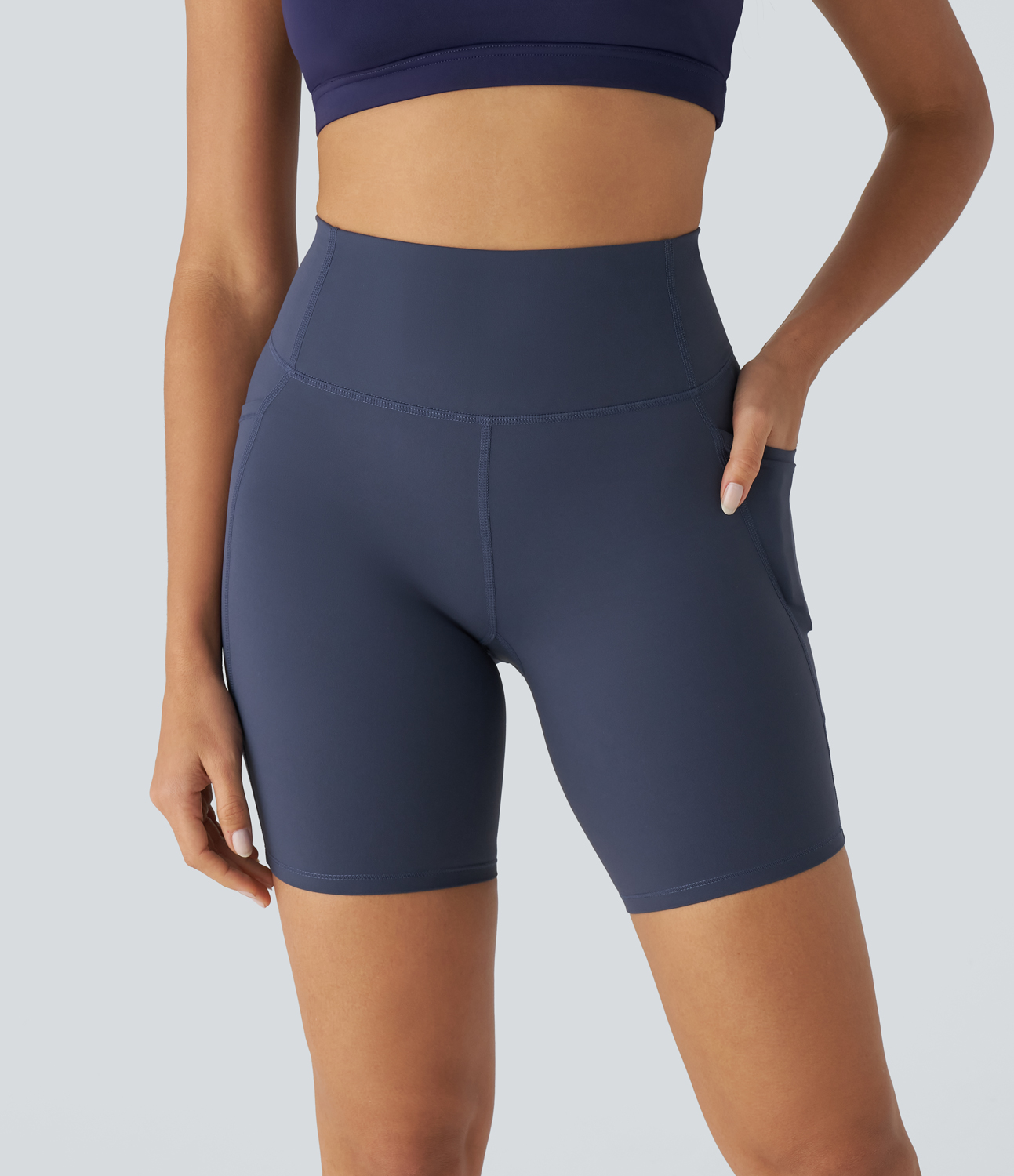 Halara Halara UltraSculptв„ў SoCinched High Waisted Tummy Control Side Pocket Training Biker Shorts 7``  - Mood Indigo - L biker shorts women 