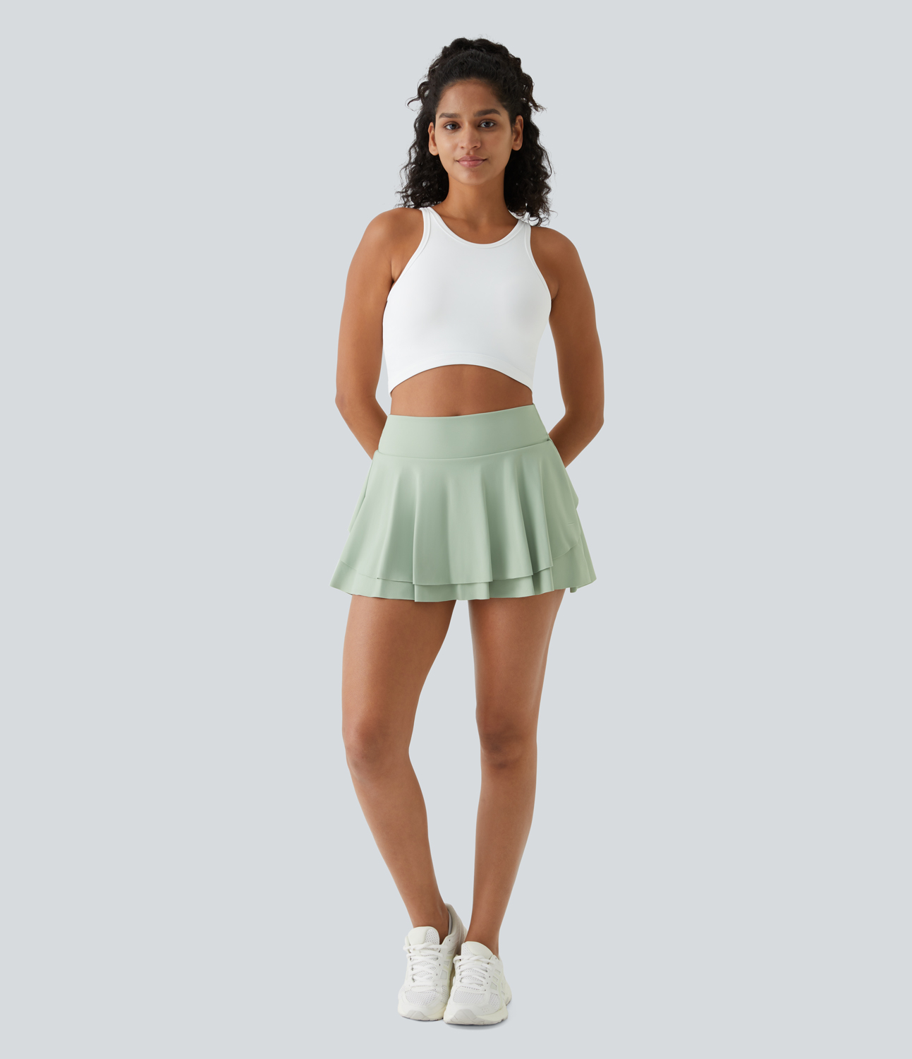 Halara High Waisted 2-in-1 Side Pocket Flare Mini Tennis Skirt  - Light Bean Green - M(regular) midi skirt a line skirt golfing skirt 