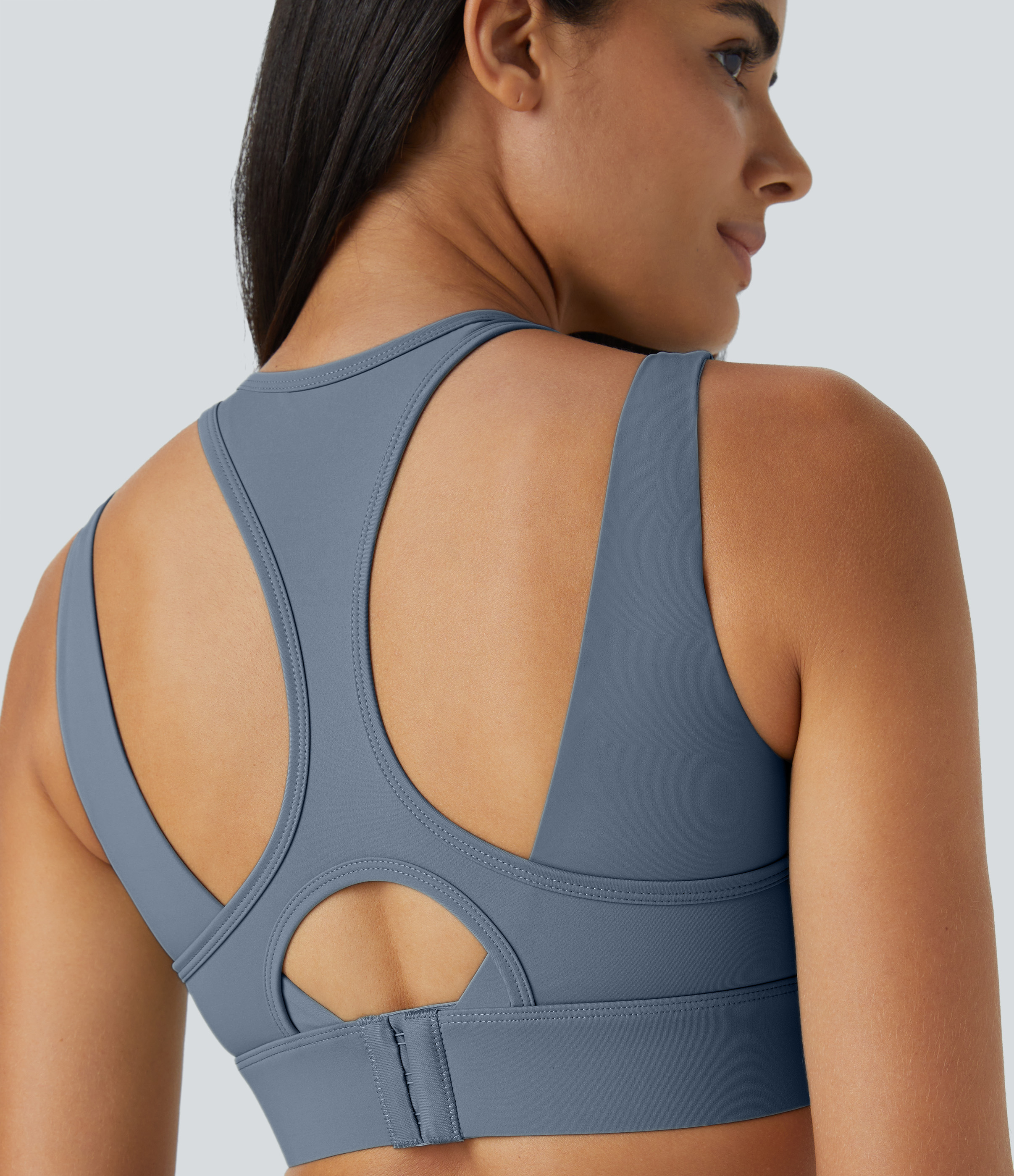 Halara Medium Support Backless Cut Out Adjustable Buckle Workout Sports Bra  - Gray Haze Blue - L push up bra strapless bra backless bra 