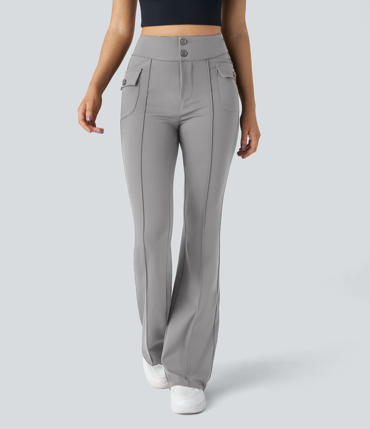 Halara High Waisted Button Side Flap Pocket Flare Casual Cargo Pants  - Silent Storm - XS(petite) 