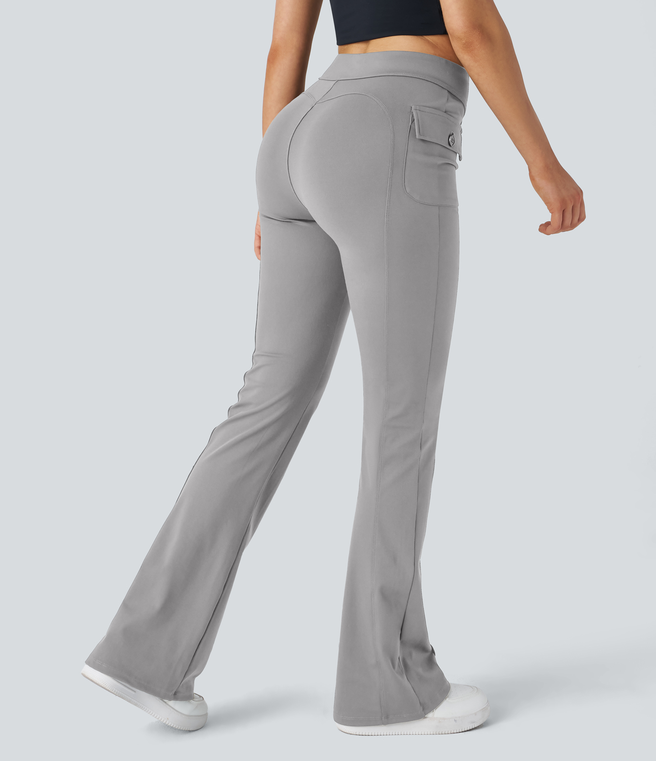 Halara High Waisted Button Side Flap Pocket Flare Casual Cargo Pants  - Silent Storm - XS(petite) 