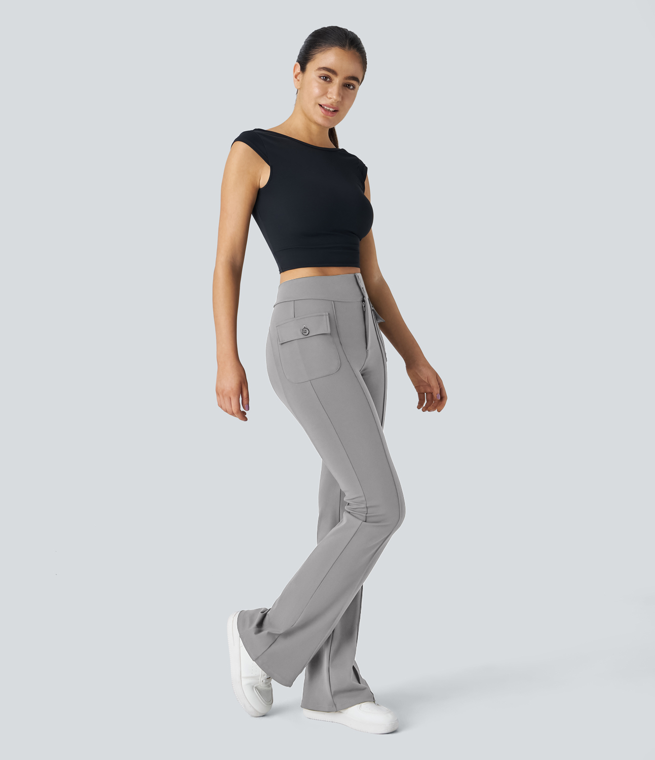 Halara High Waisted Button Side Flap Pocket Flare Casual Cargo Pants  - Silent Storm - XS(petite) 