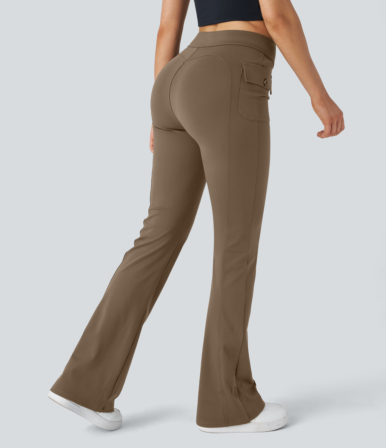 Halara High Waisted Button Side Flap Pocket Flare Casual Cargo Pants  - Sepia - XS(tall) 