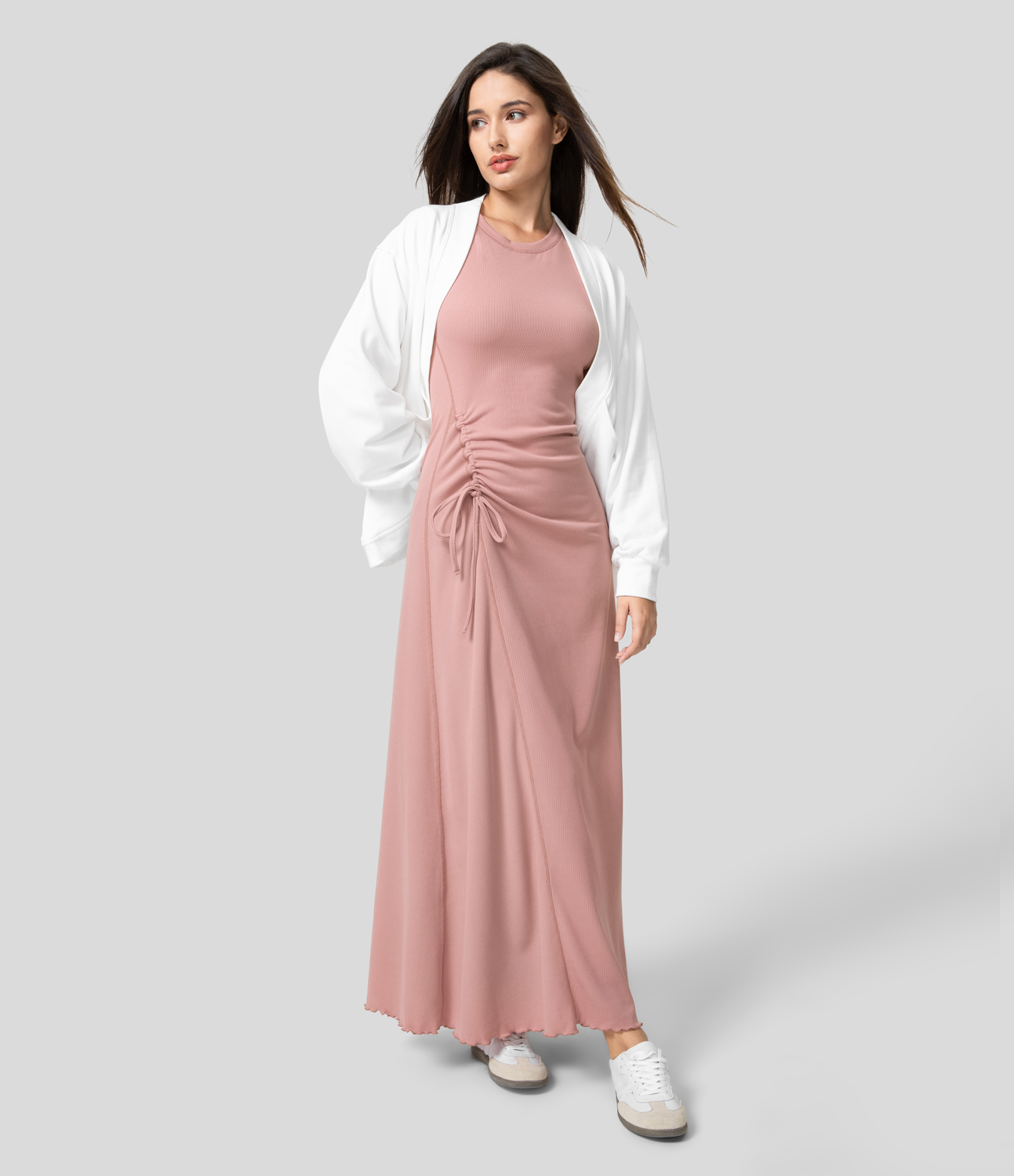 Halara Ribbed Drawstring Knot Lettuce Trim Flare Hem Casual Maxi Dress Casual Dress - Mellow Rose - M slip dress beach dress ruched dress 