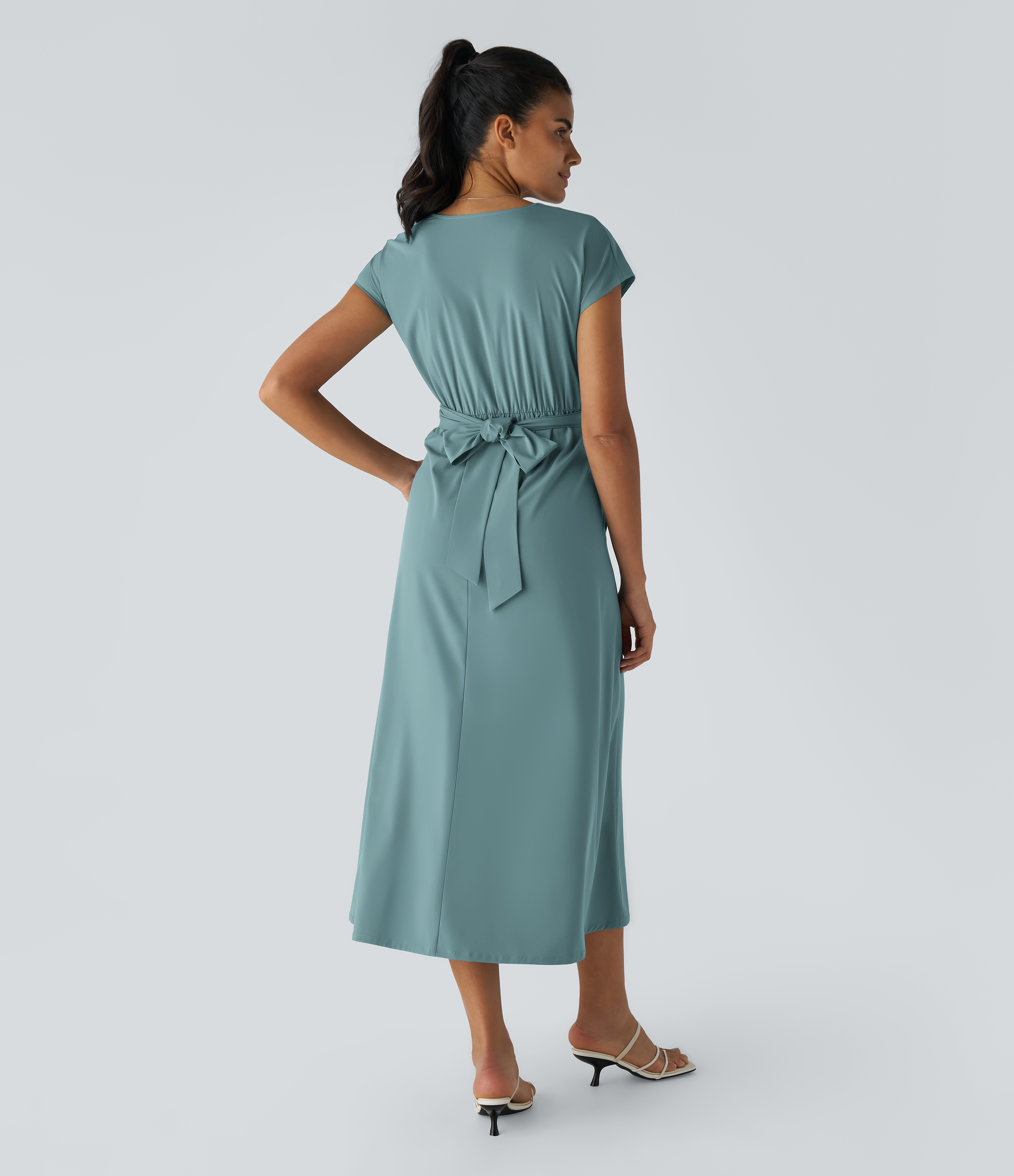 Halara Breezefulв„ў V Neck Short Sleeve Side Pocket Tie Back Quick Dry Midi Casual Dress Casual Dress - Stone Blue - XS slip dress beach dress 