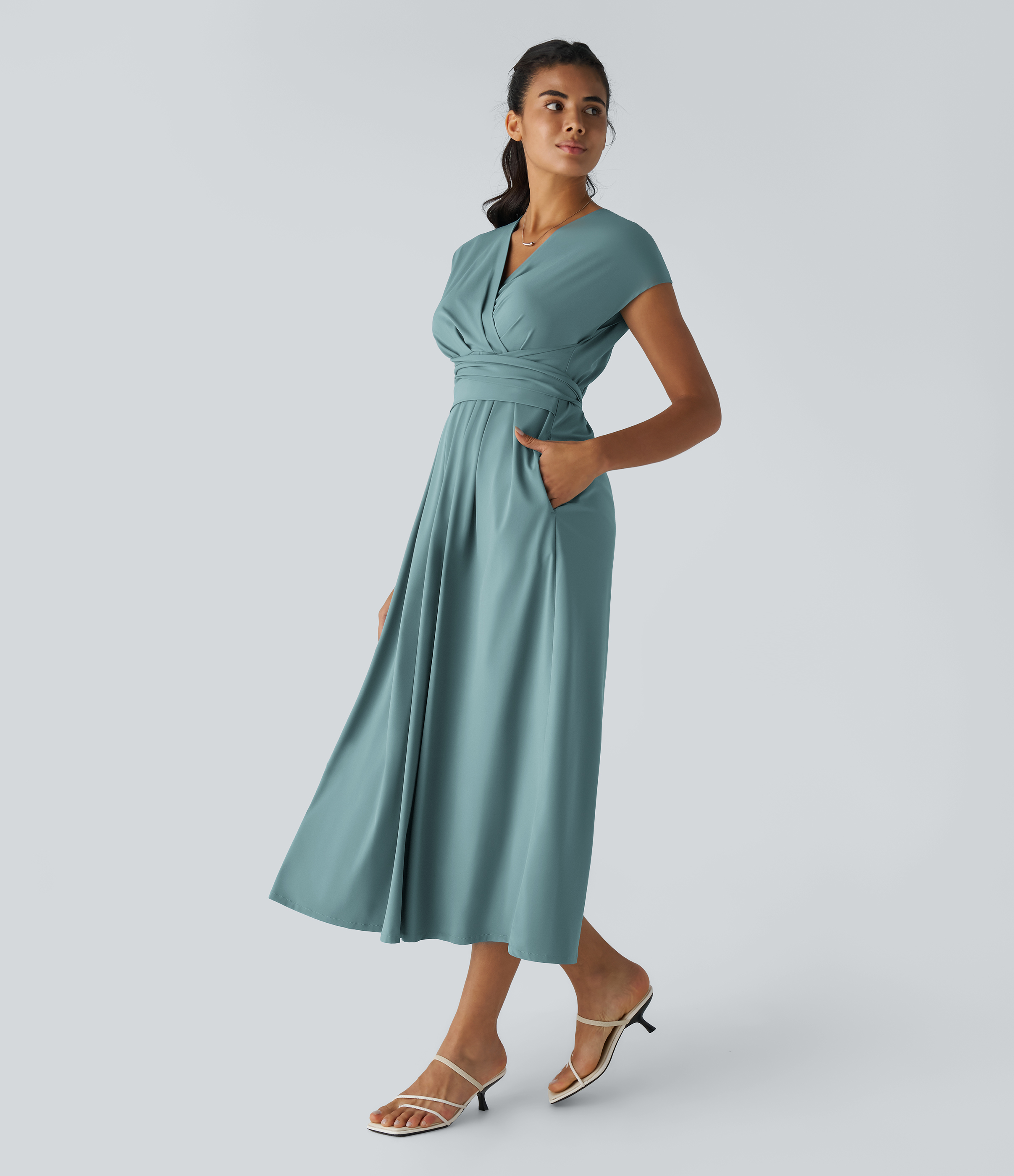 Halara Breezefulв„ў V Neck Short Sleeve Side Pocket Tie Back Quick Dry Midi Casual Dress Casual Dress - Stone Blue - XS slip dress beach dress 