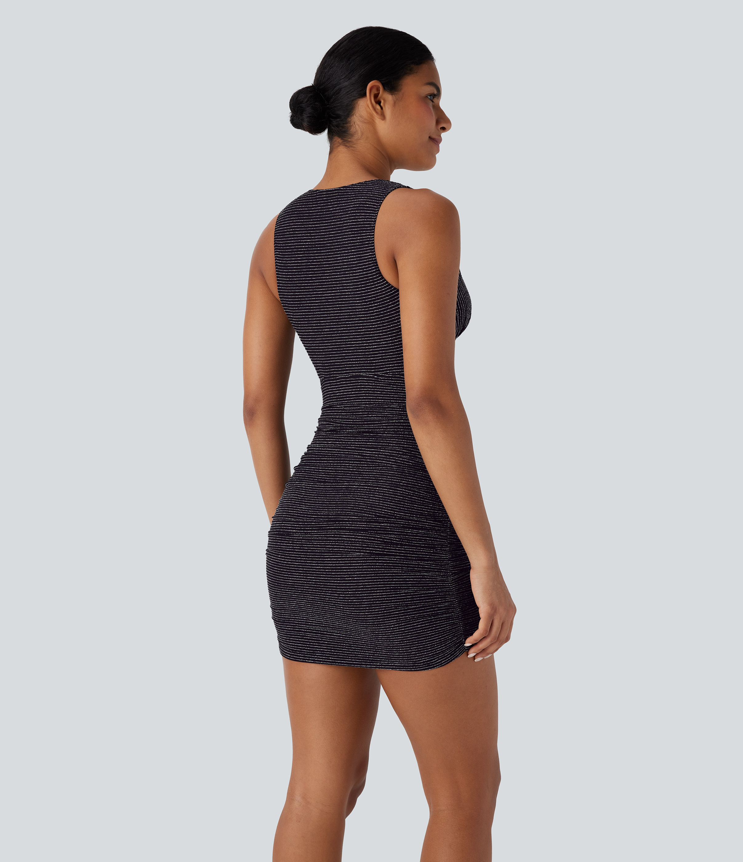 Halara V Neck Sleeveless Ruched Bodycon Metallic Stripe Mini Casual Dress Casual Dress - Black White Starlight Stripe - XS slip dress 