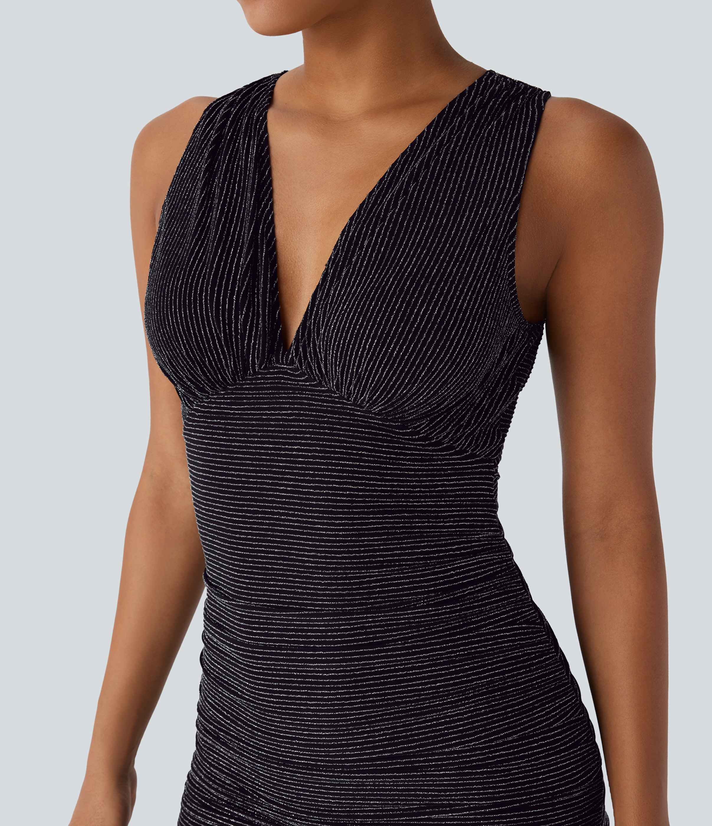 Halara V Neck Sleeveless Ruched Bodycon Metallic Stripe Mini Casual Dress Casual Dress - Black White Starlight Stripe - XS slip dress 