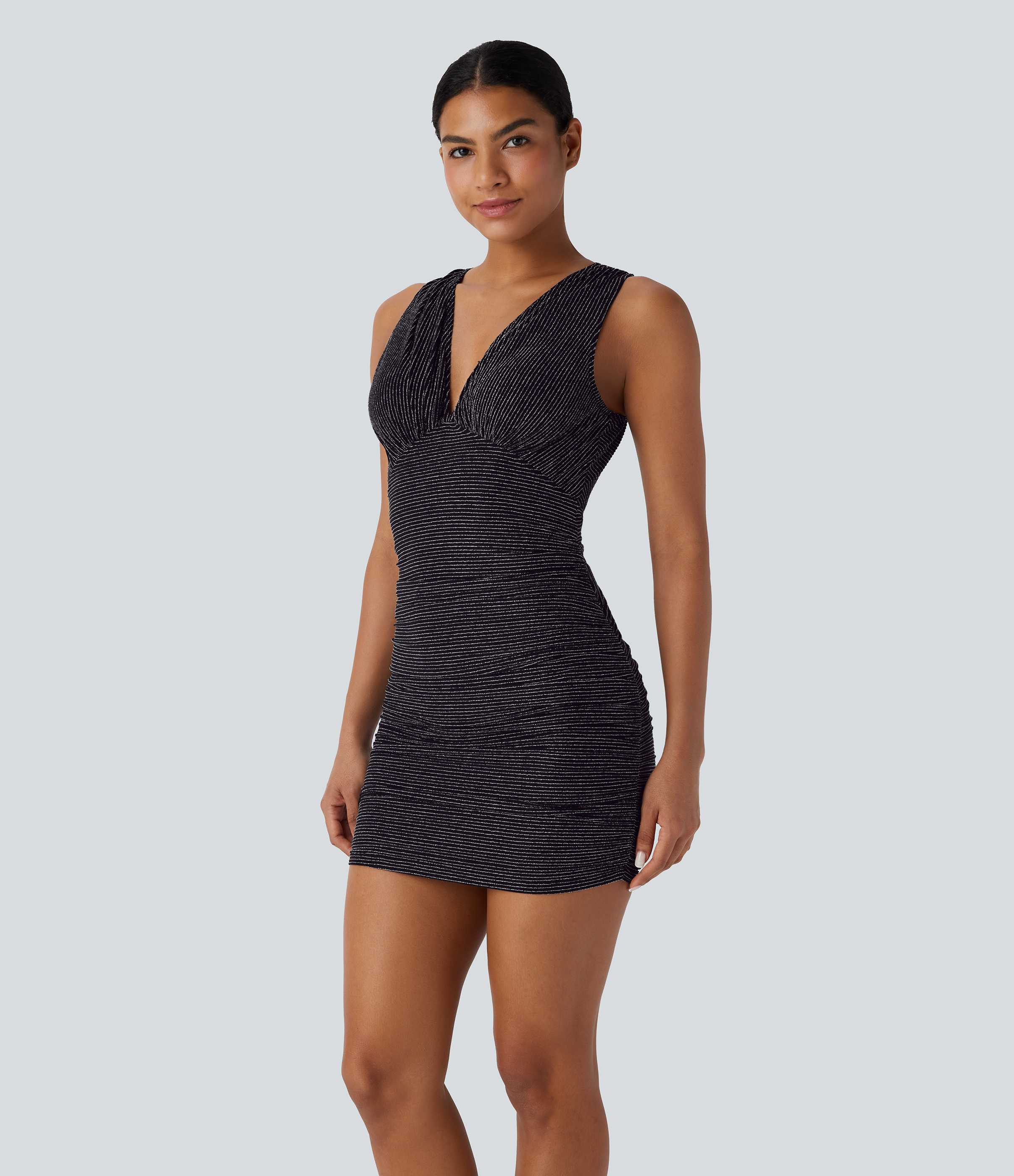 Halara V Neck Sleeveless Ruched Bodycon Metallic Stripe Mini Casual Dress Casual Dress - Black White Starlight Stripe - XS slip dress 