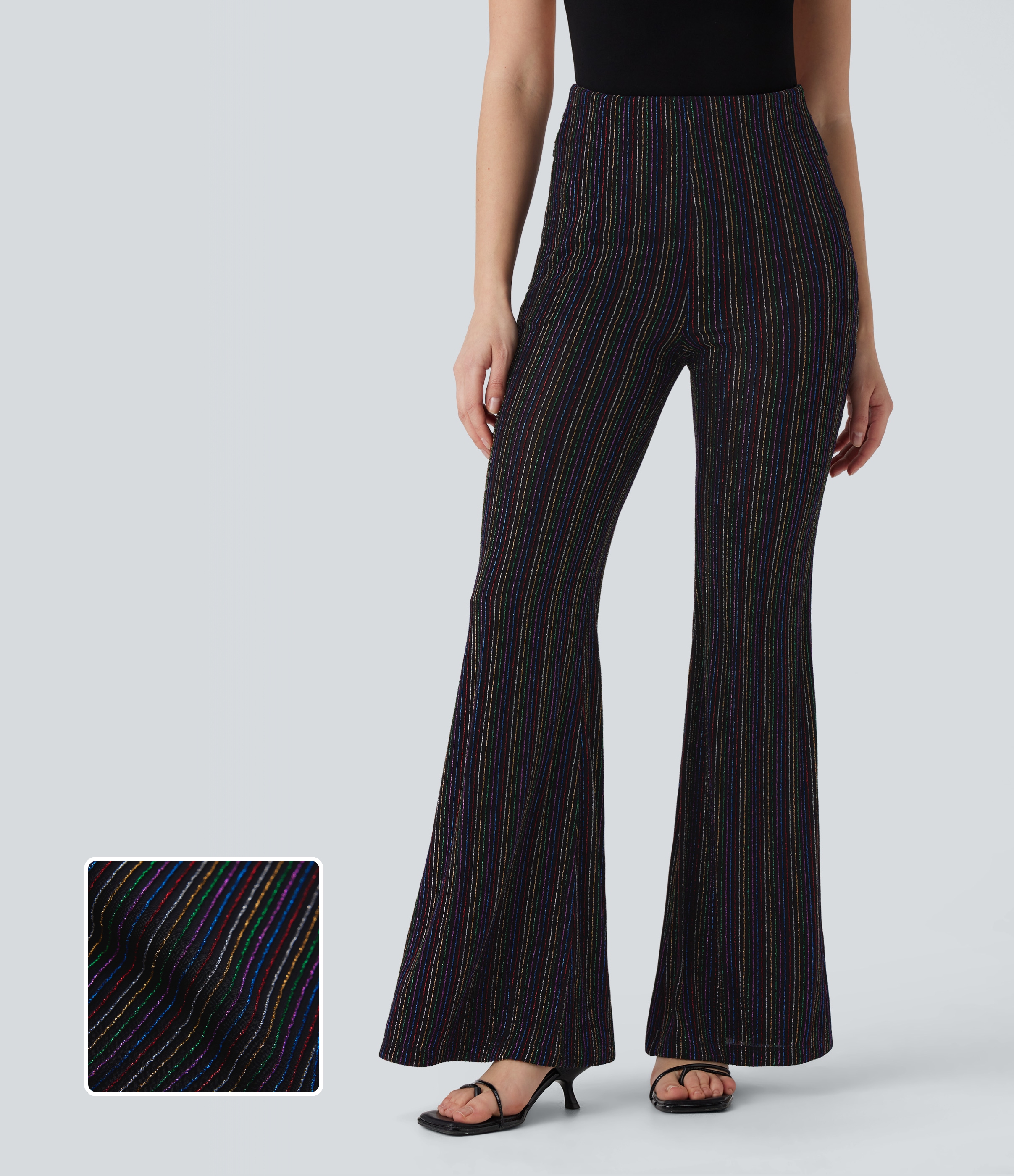 Colorful Black Starlight Stripe High Waisted Side Zipper Pocket Sparkle Casual Flare Pants / 1