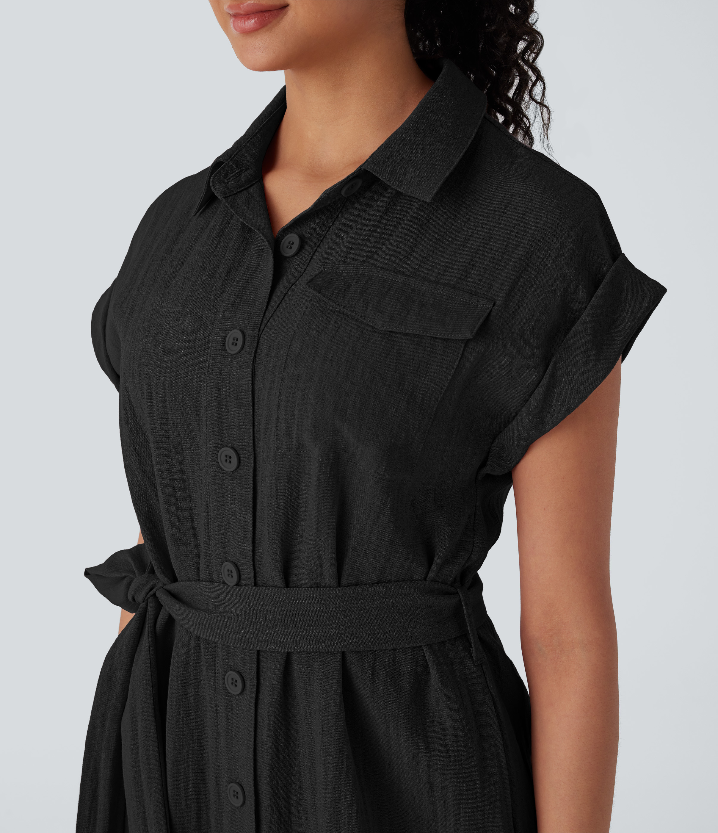 Halara Collared Short Sleeve Button Belted Multiple Pockets Curved Hem Midi Work Linen-Feel Dress Casual Dress - Black - XL slip dress 