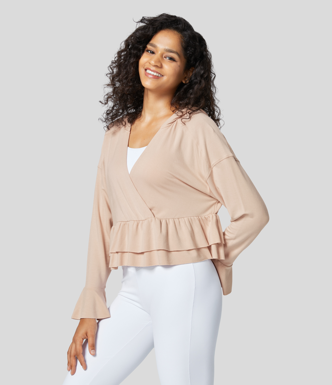Halara V Neck Hooded Flounce Sleeve Crossover Tiered Ruffle Hem Solid Casual Top Tank Top - Novelle Peach - XL golf tops halter top 