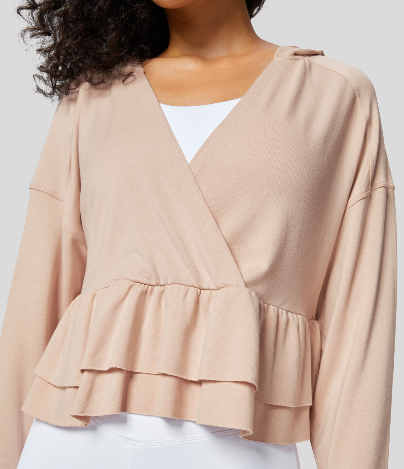 Halara V Neck Hooded Flounce Sleeve Crossover Tiered Ruffle Hem Solid Casual Top Tank Top - Novelle Peach - XL golf tops halter top 
