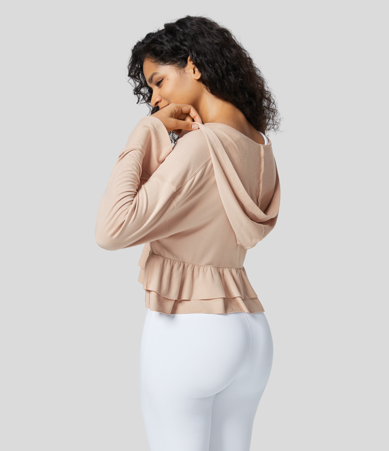 Halara V Neck Hooded Flounce Sleeve Crossover Tiered Ruffle Hem Solid Casual Top Tank Top - Novelle Peach - XL golf tops halter top 