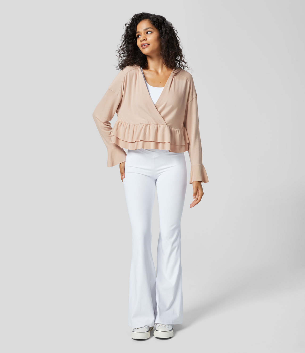 Halara V Neck Hooded Flounce Sleeve Crossover Tiered Ruffle Hem Solid Casual Top Tank Top - Novelle Peach - XL golf tops halter top 