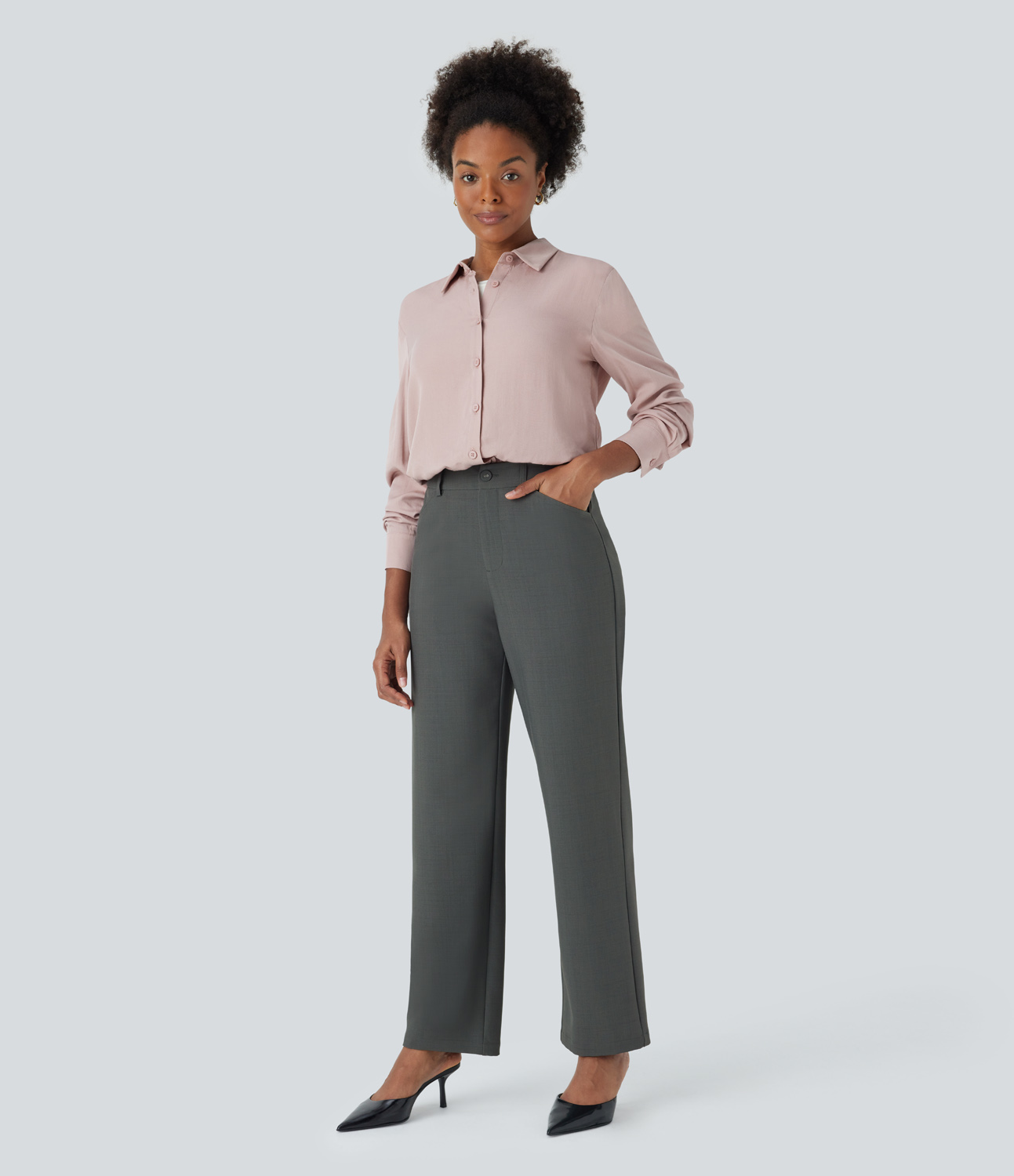 Halara Mid Rise Button Zipper Side Pocket Slim Work Pants  - Dark Jade Grey - S(regular) sweatpants jogger pants stacked sweatpants 