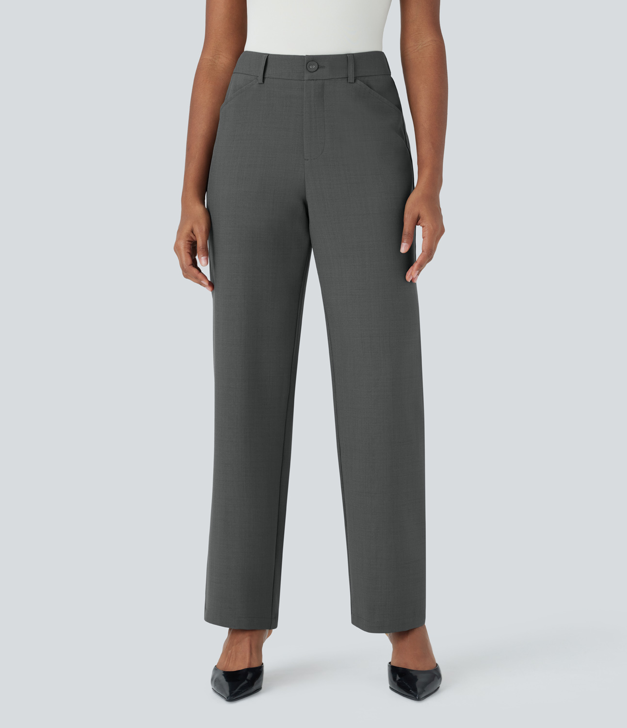 Halara Mid Rise Button Zipper Side Pocket Slim Work Pants  - Dark Jade Grey - S(regular) sweatpants jogger pants stacked sweatpants 