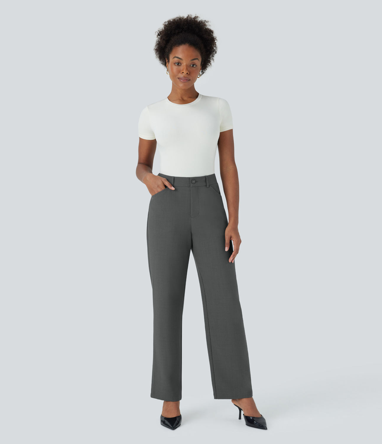 Halara Mid Rise Button Zipper Side Pocket Slim Work Pants  - Dark Jade Grey - S(regular) sweatpants jogger pants stacked sweatpants 