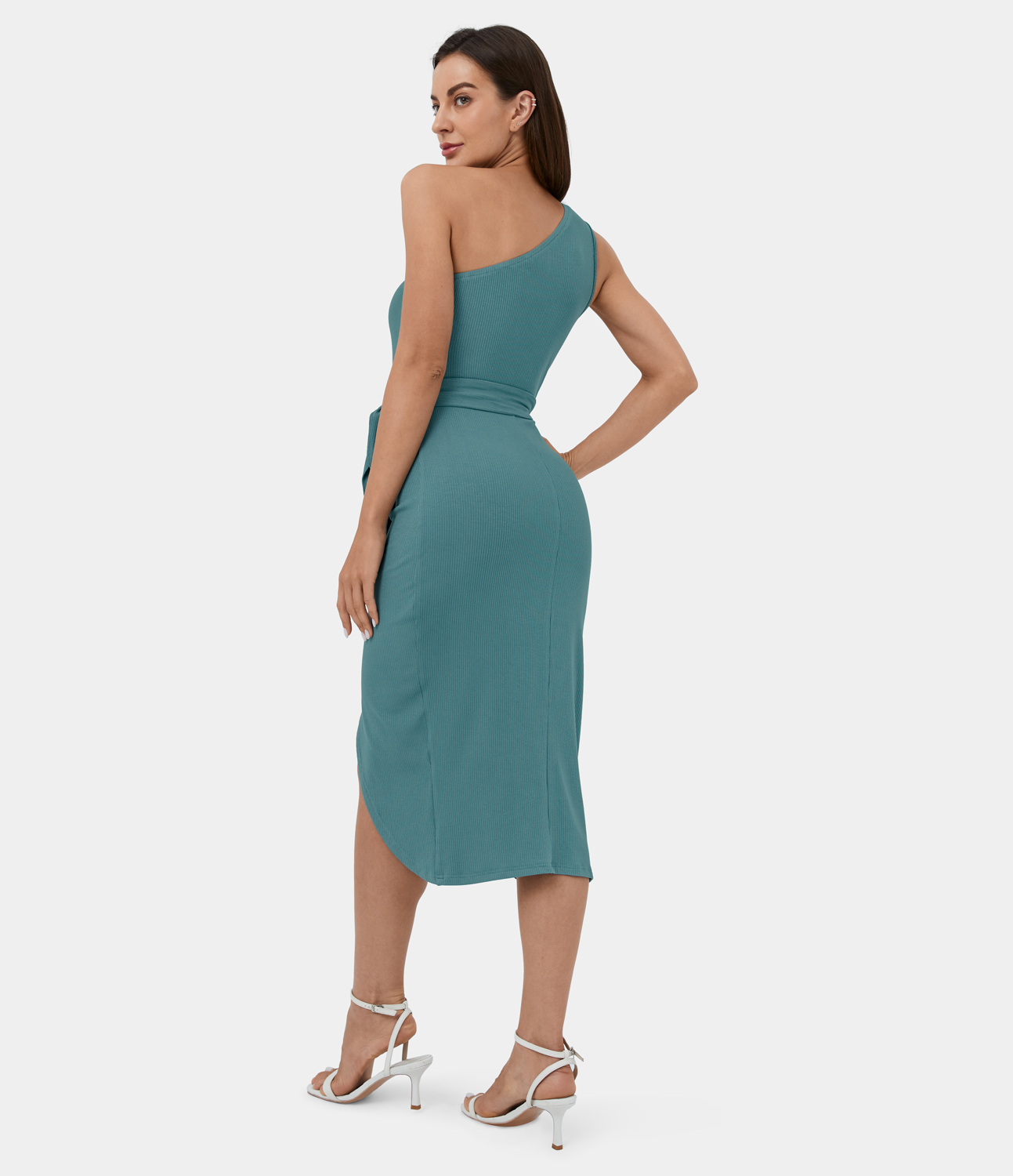 

Halara One Shoulder Sleeveless Belted Plicated Split Midi Casual Dress Casual Dress - Brittany Blue -  slip dress beach dress ruched dress