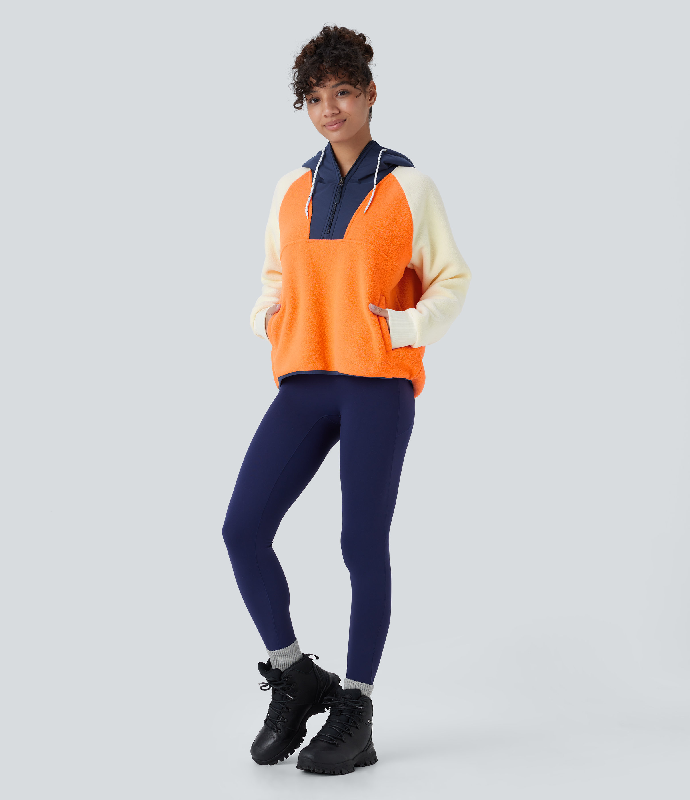 Halara Hooded Drawstring Half Zip Long Sleeve Side Pocket Color Block Fleece Hiking Jacket  - Orange - XL 