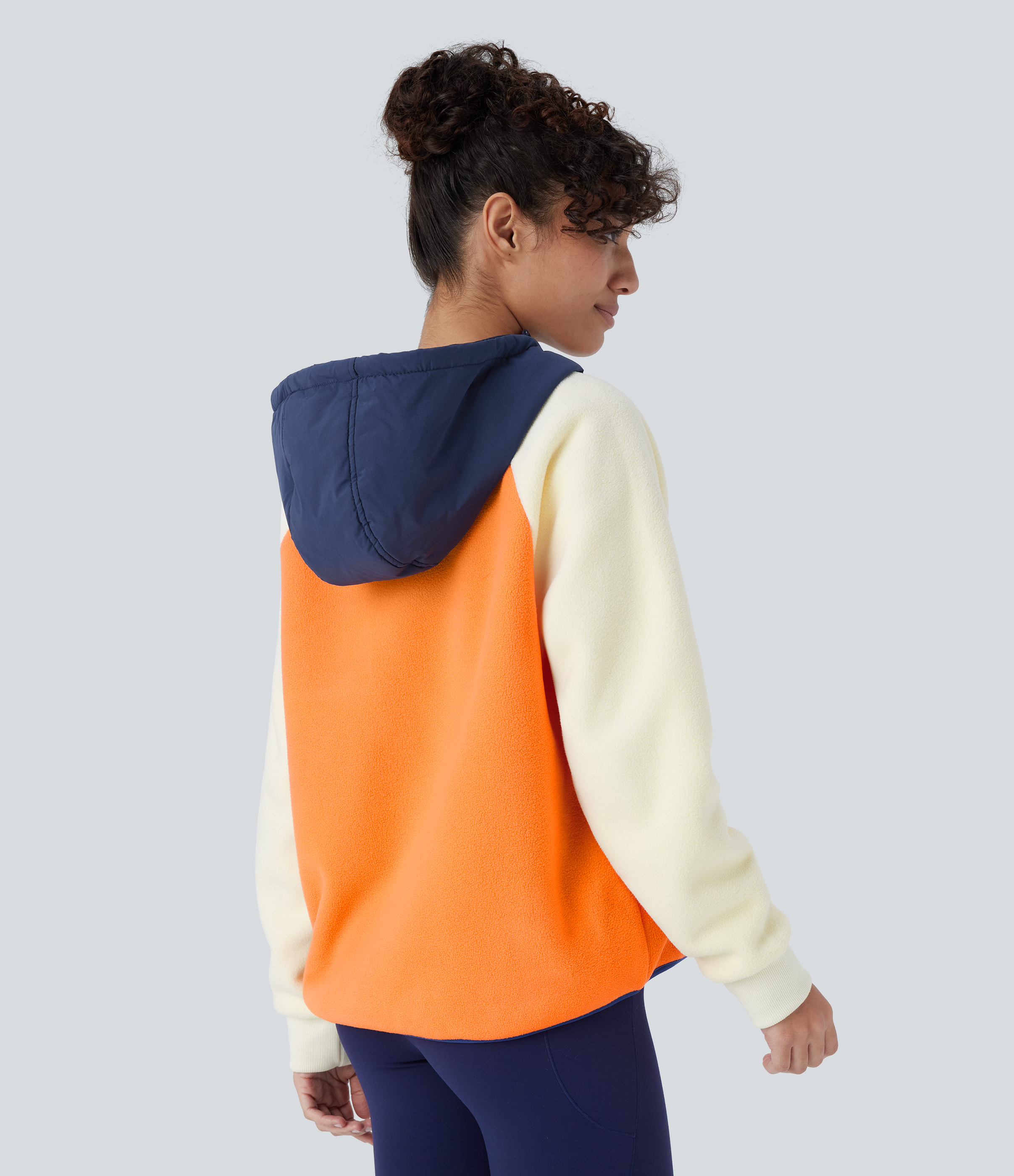 Halara Hooded Drawstring Half Zip Long Sleeve Side Pocket Color Block Fleece Hiking Jacket  - Orange - XL 