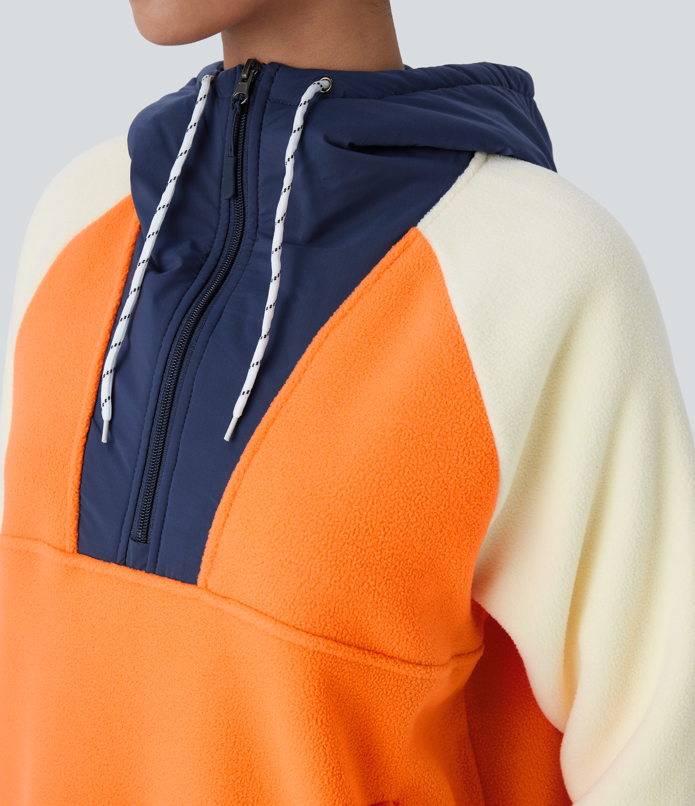 Halara Hooded Drawstring Half Zip Long Sleeve Side Pocket Color Block Fleece Hiking Jacket  - Orange - XL 