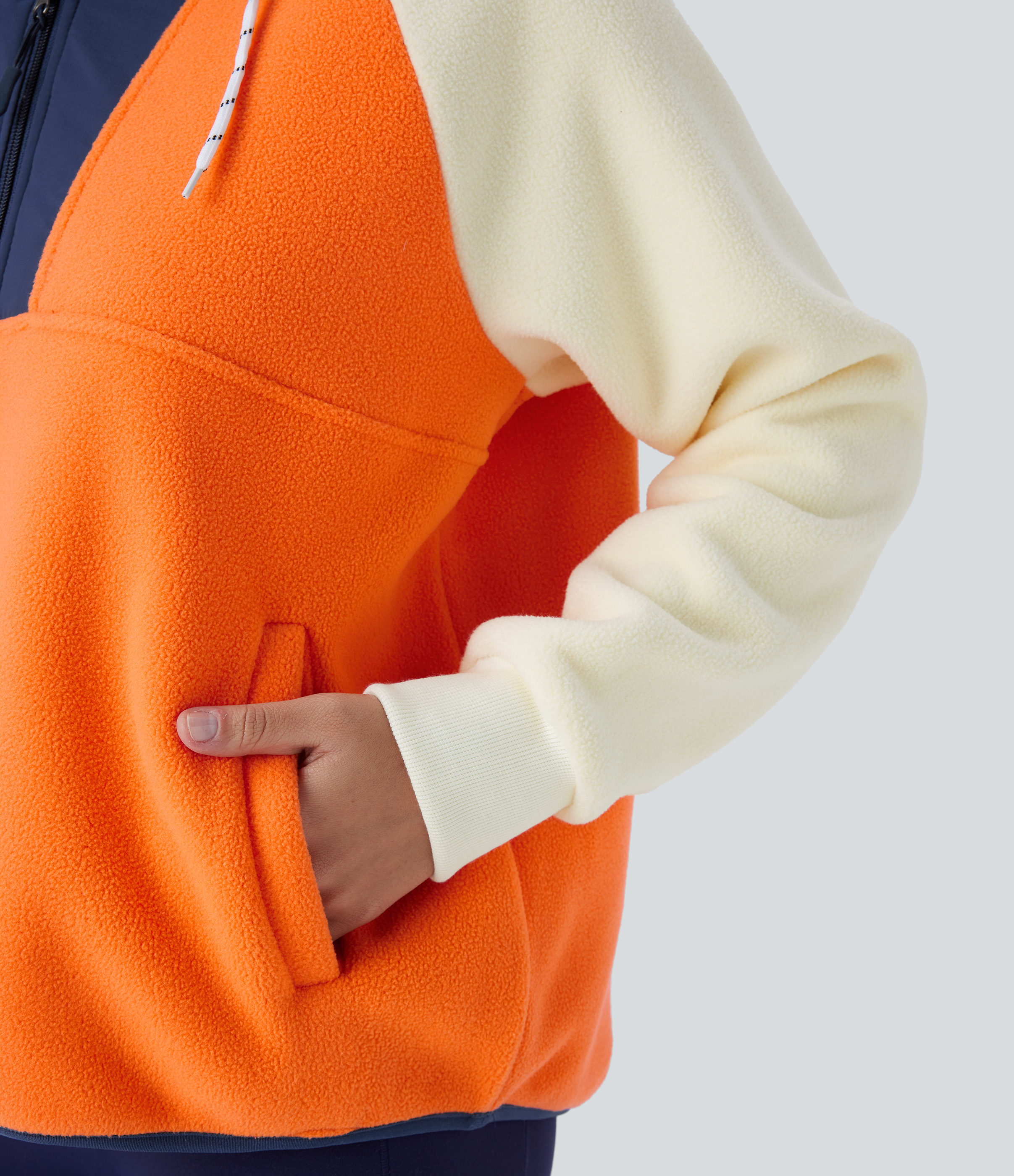 Halara Hooded Drawstring Half Zip Long Sleeve Side Pocket Color Block Fleece Hiking Jacket  - Orange - XL 