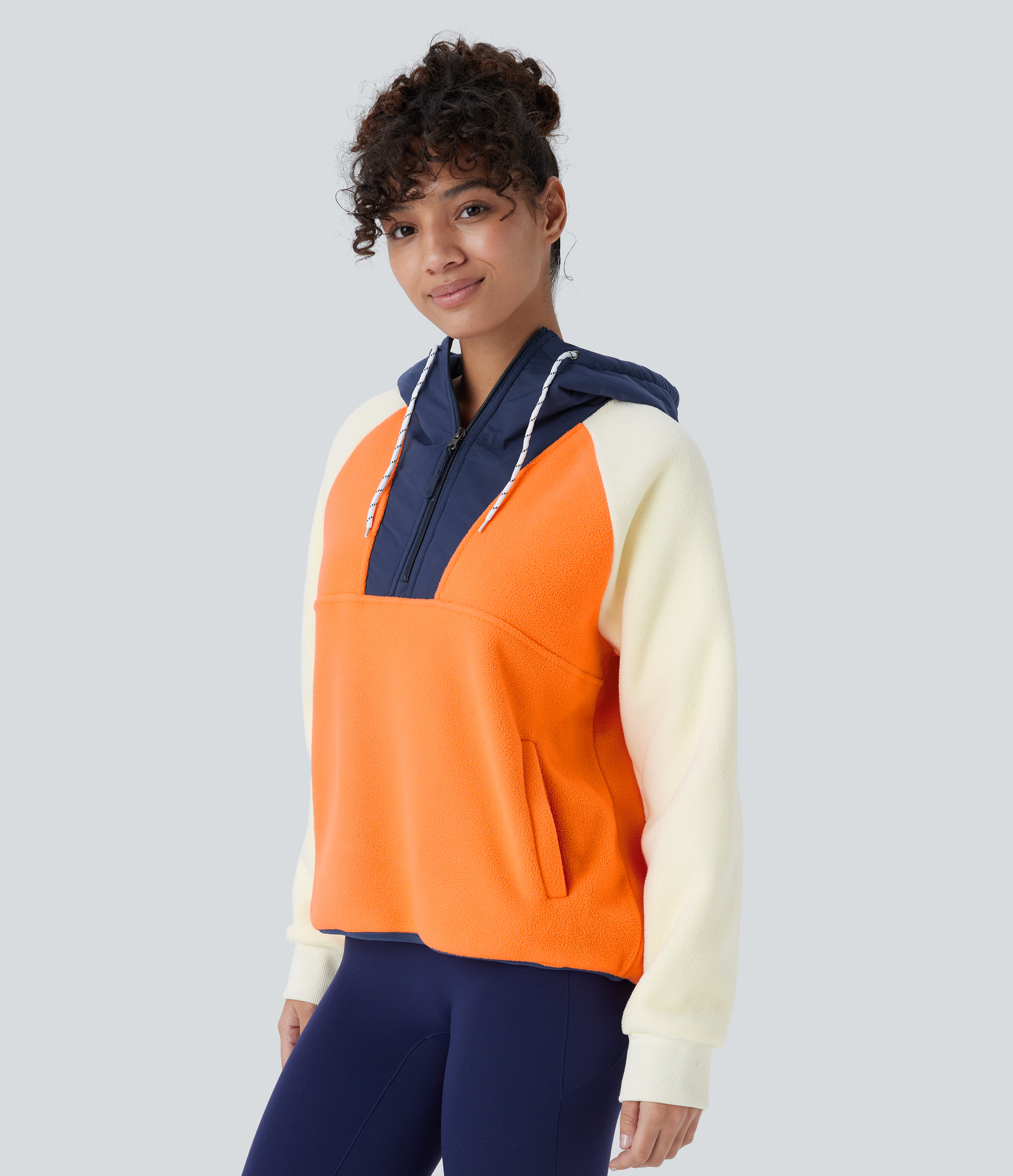 Halara Hooded Drawstring Half Zip Long Sleeve Side Pocket Color Block Fleece Hiking Jacket  - Orange - XL 