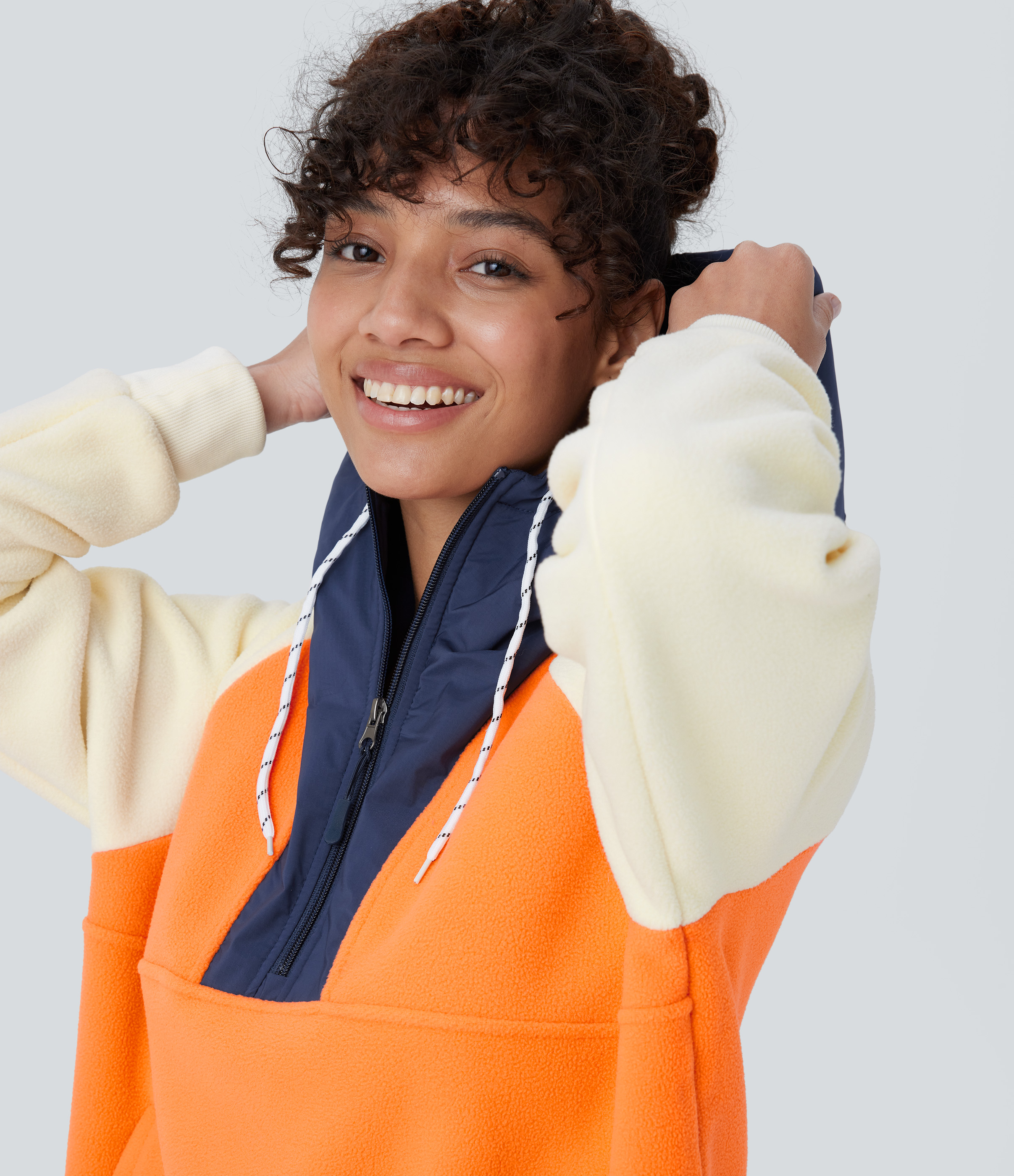 Halara Hooded Drawstring Half Zip Long Sleeve Side Pocket Color Block Fleece Hiking Jacket  - Orange - XL 