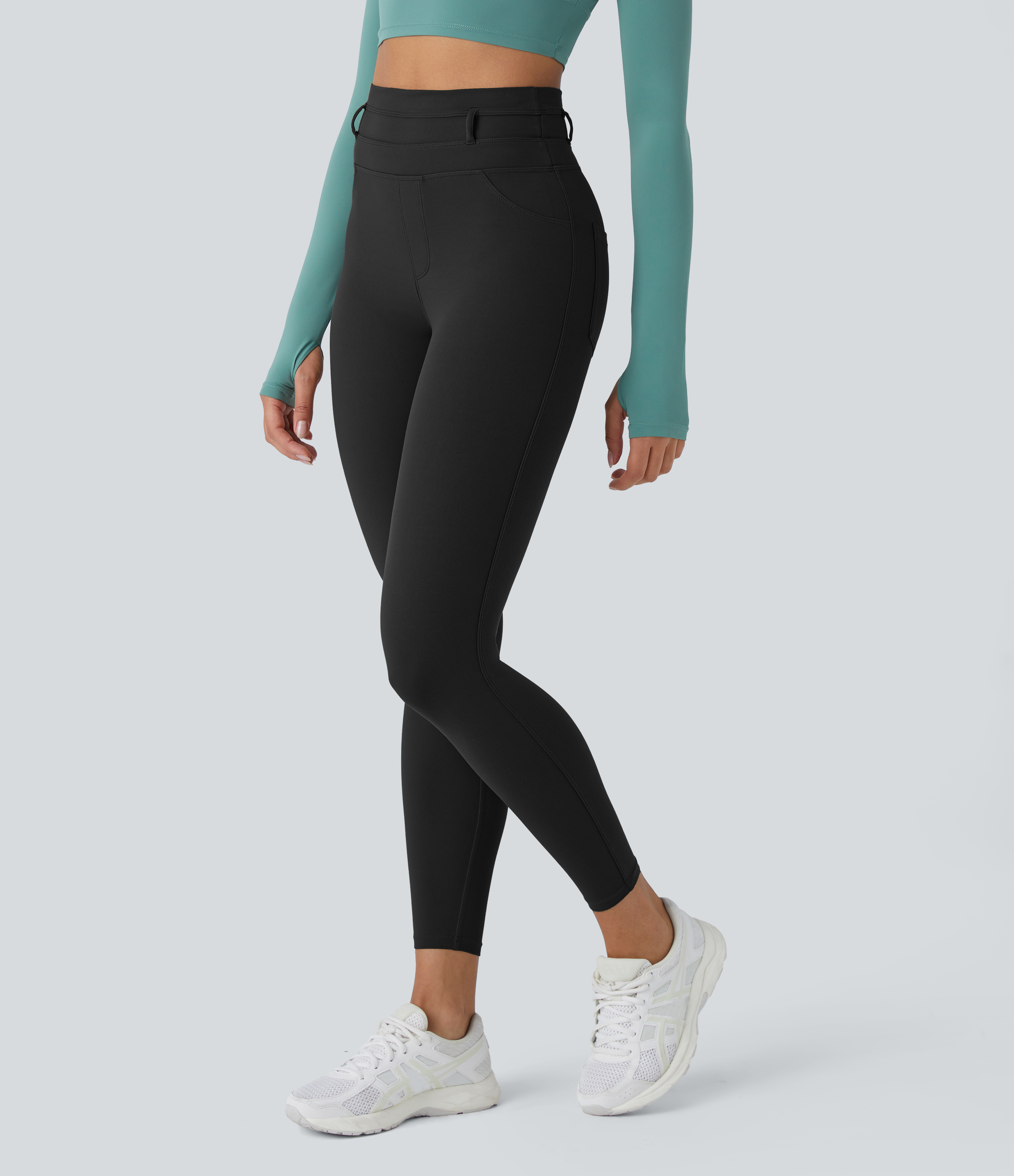 Halara Softlyzeroв„ў Super High Waisted Back Side Pocket 7/8 Yoga Leggings  - Black - L(7/8) gym leggings leggings with pockets 