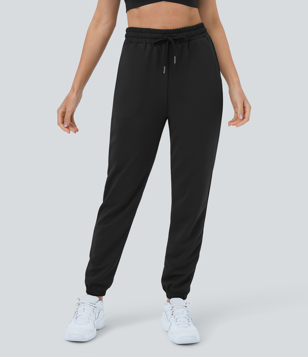 Halara High Waisted Drawstring Side Pocket Plain Casual Cotton Sweatpants  - Black - XL 