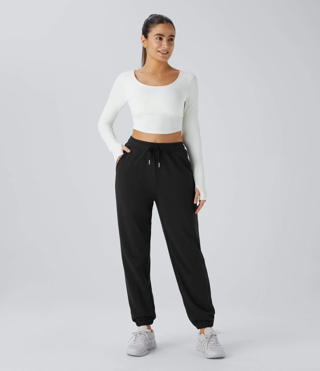 Halara High Waisted Drawstring Side Pocket Plain Casual Cotton Sweatpants  - Black - XL 