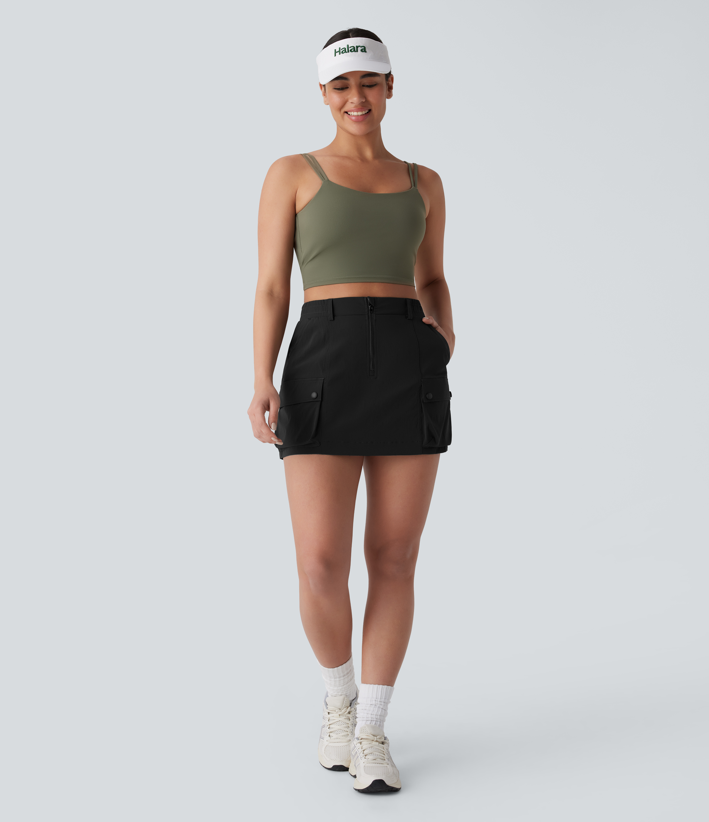 Halara Water Repellent High Waisted Zipper Multiple Pockets Ripstop Hiking Cargo Skort  - Black - XL(regular) midi skirt a line skirt 