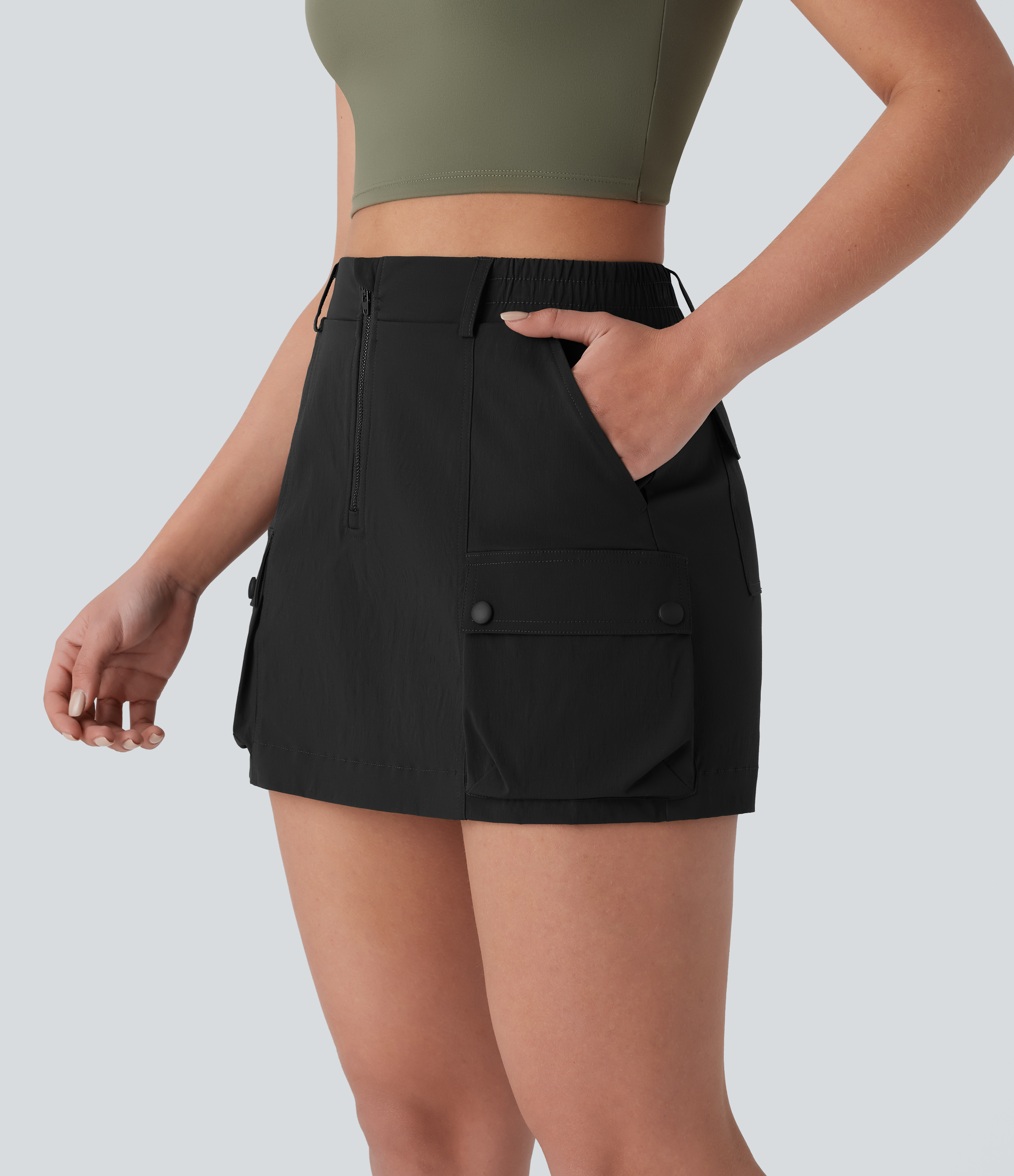 Halara Water Repellent High Waisted Zipper Multiple Pockets Ripstop Hiking Cargo Skort  - Black - XL(regular) midi skirt a line skirt 