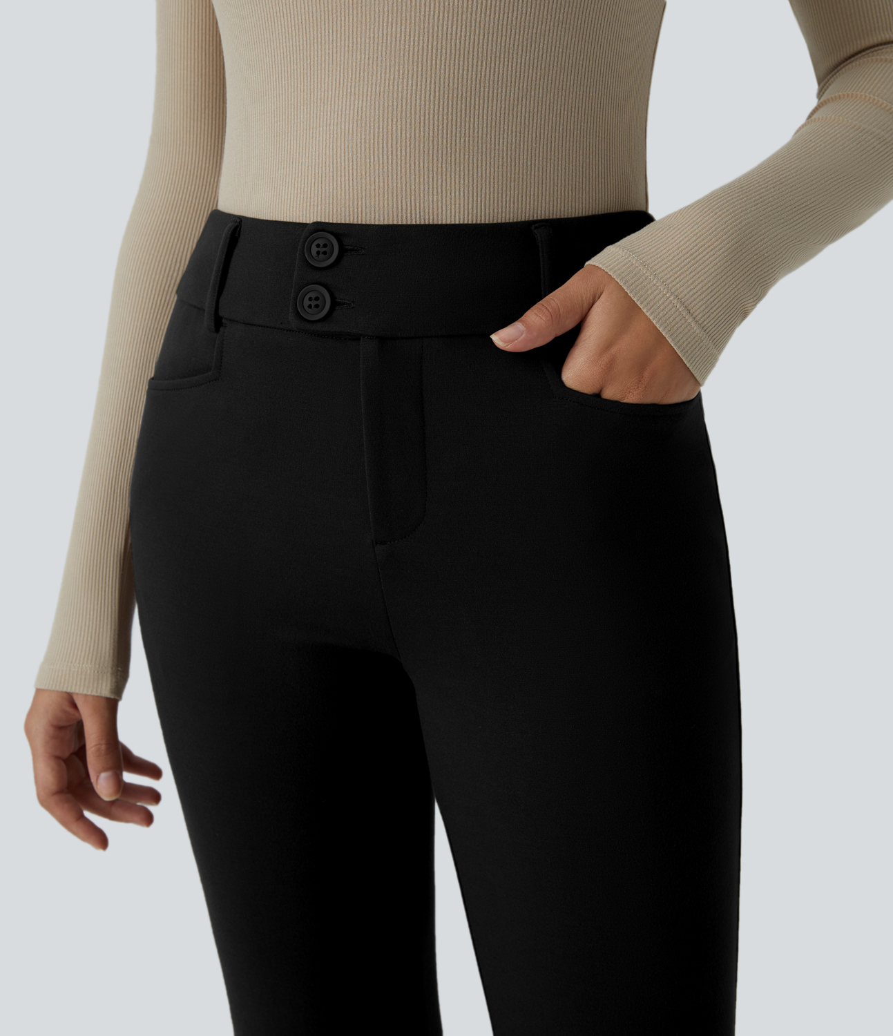 Halara HalaraFlexв„ў High Waisted Button Zipper Side Pocket Slight Flare Work Pants  - Black - L(regular) sweatpants jogger pants 