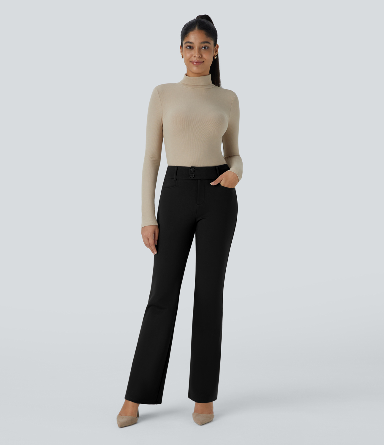 Halara HalaraFlexв„ў High Waisted Button Zipper Side Pocket Slight Flare Work Pants  - Black - L(regular) sweatpants jogger pants 