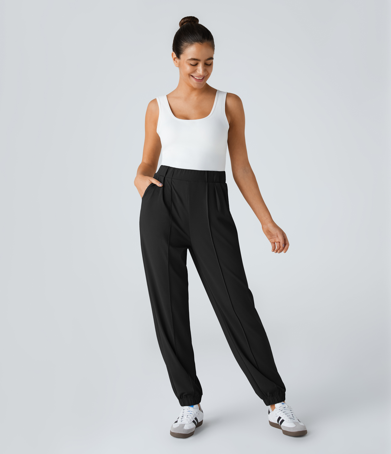 Halara High Waisted Side Pocket Plicated Casual Joggers  - Black - L(regular) 