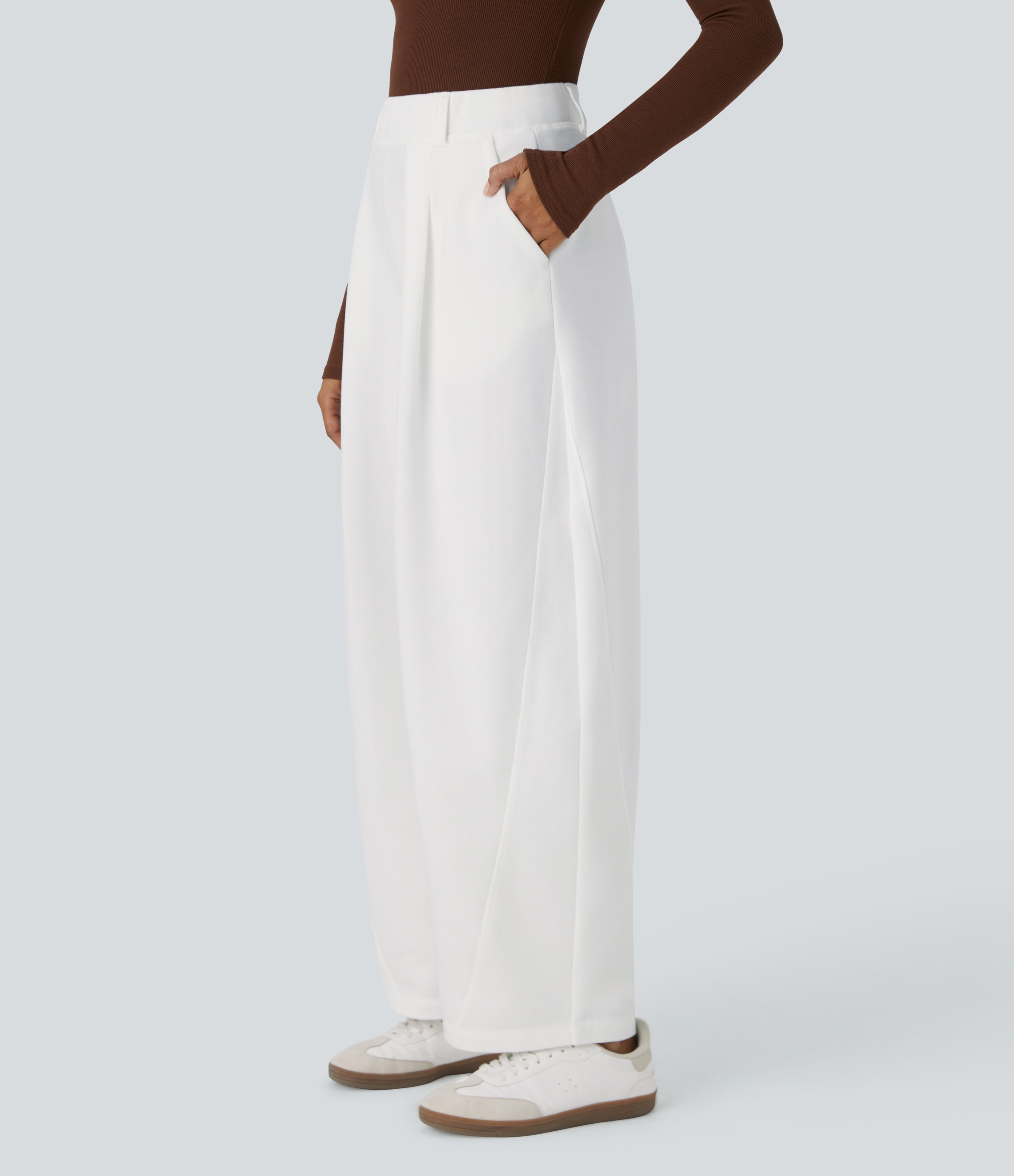 Halara High Waisted Plicated Side Pocket Barrel Leg Fleece Casual Pants  - White - L(regular) sweatpants jogger pants stacked sweatpants 