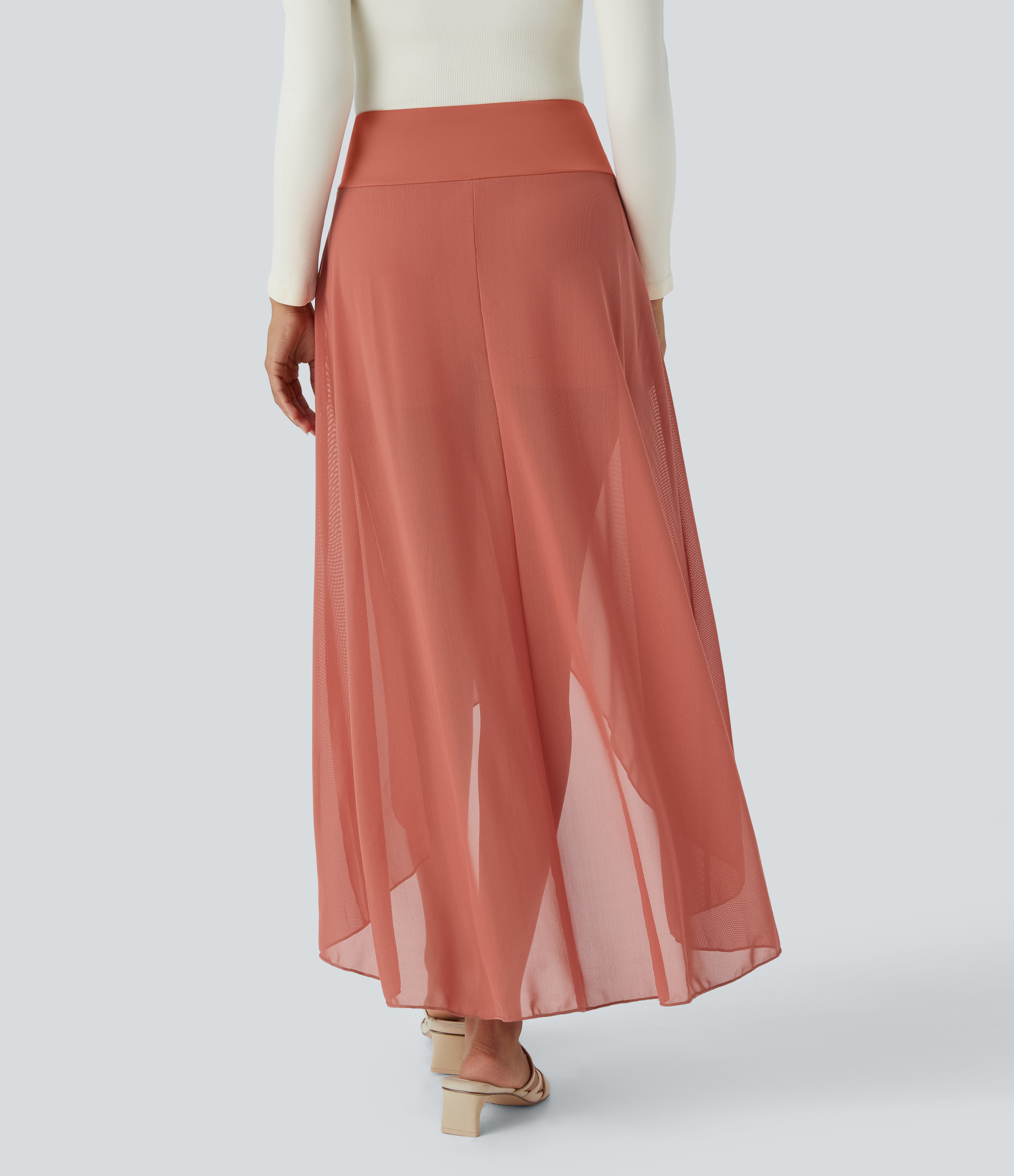 Halara High Waisted High Low Ruffle 2-in-1 Side Pocket Flare Mesh Casual Regular Maxi Skirt  - Persimmon Red - XS midi skirt a line skirt 