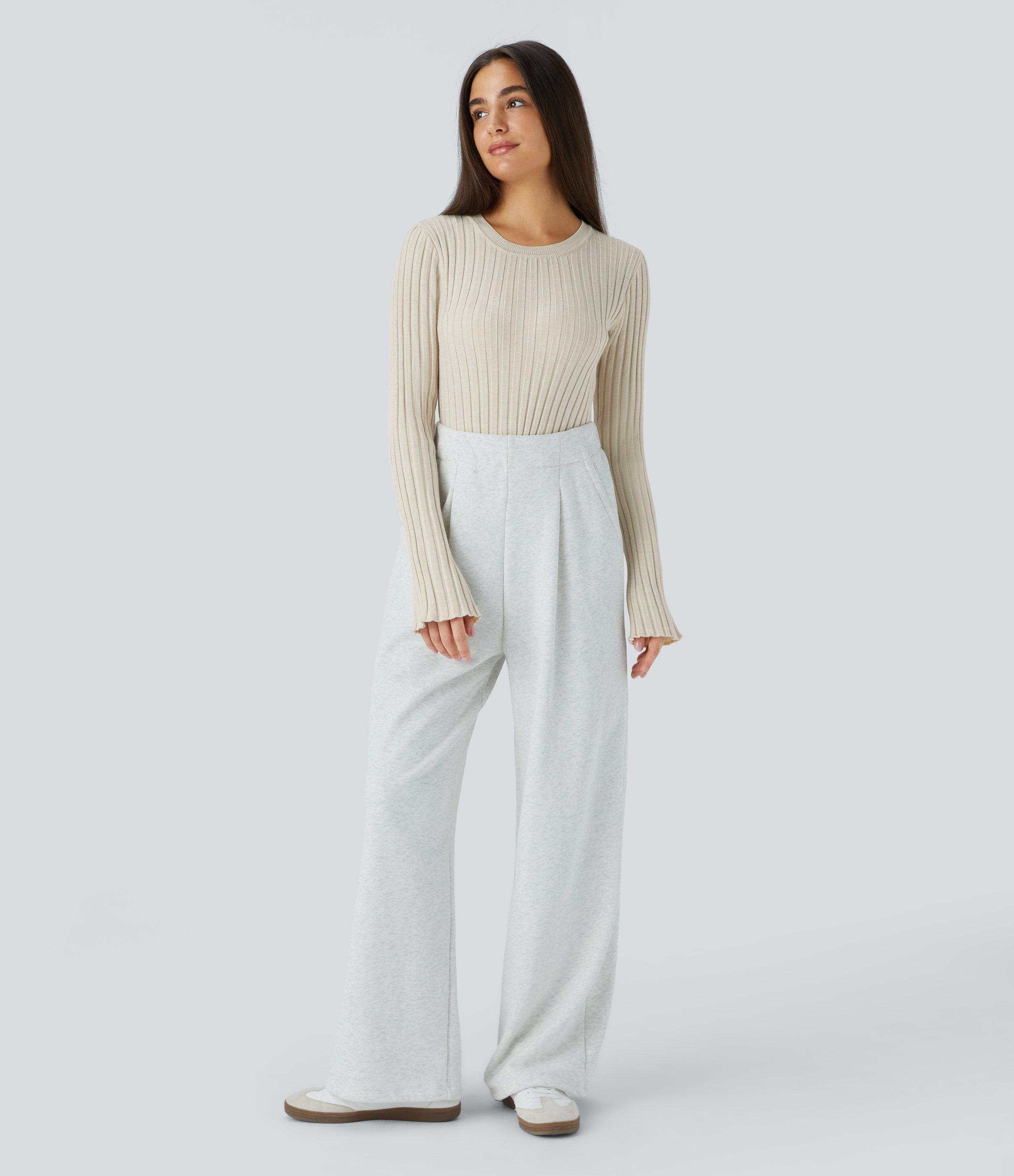 Halara Round Neck Long Sleeve Frill Casual Sweater  - White Onyx - XS 