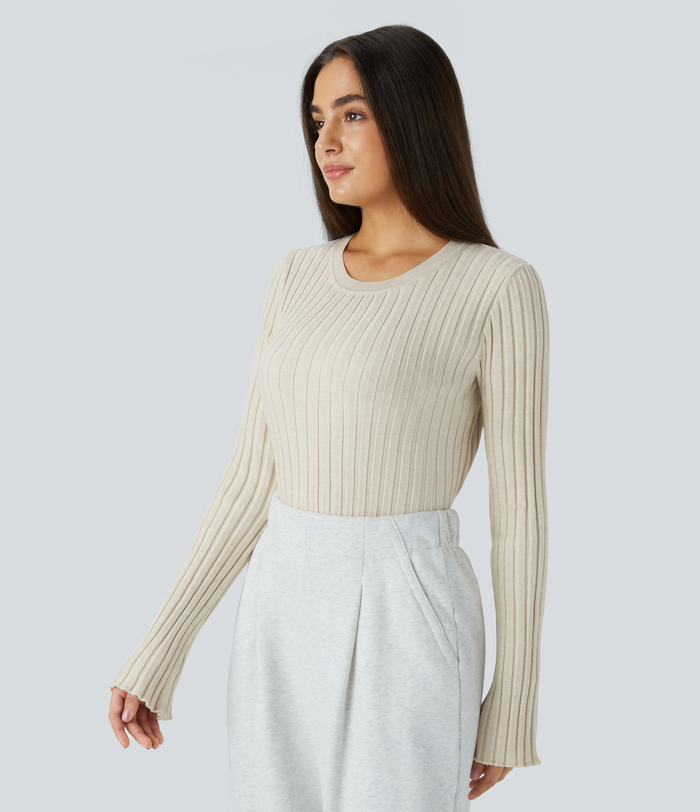 Halara Round Neck Long Sleeve Frill Casual Sweater  - White Onyx - XS 