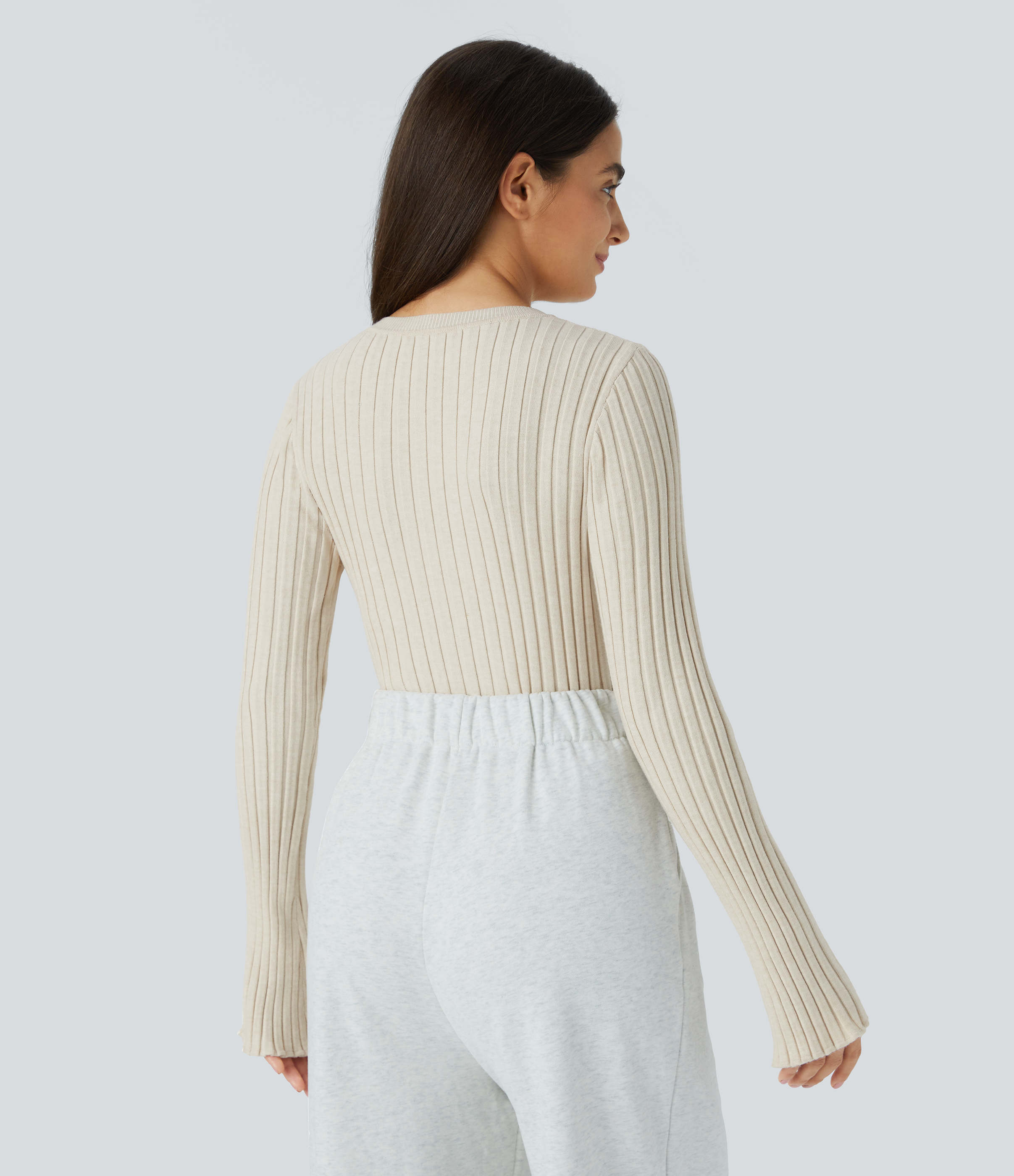 Halara Round Neck Long Sleeve Frill Casual Sweater  - White Onyx - XS 