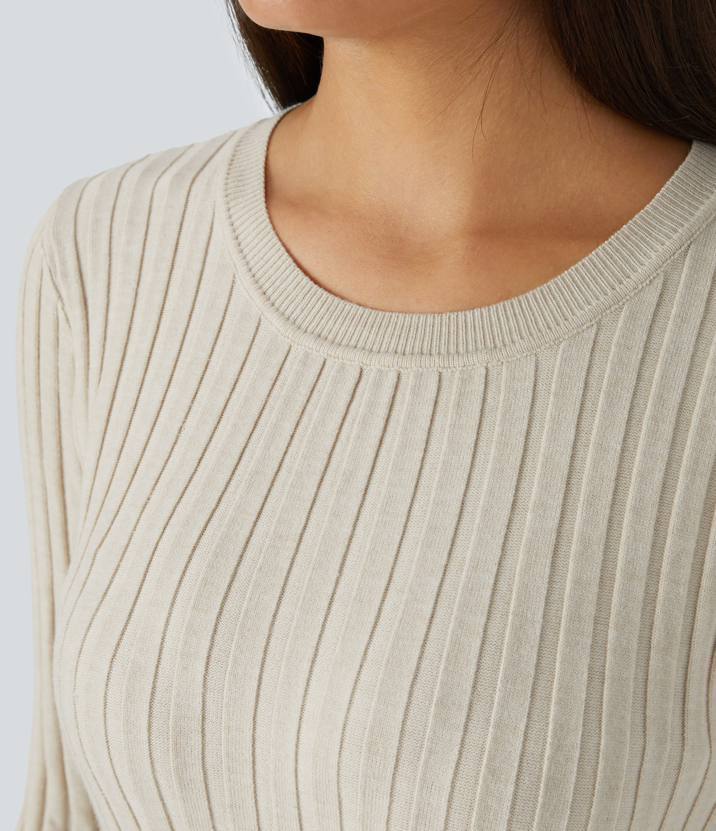 Halara Round Neck Long Sleeve Frill Casual Sweater  - White Onyx - XS 