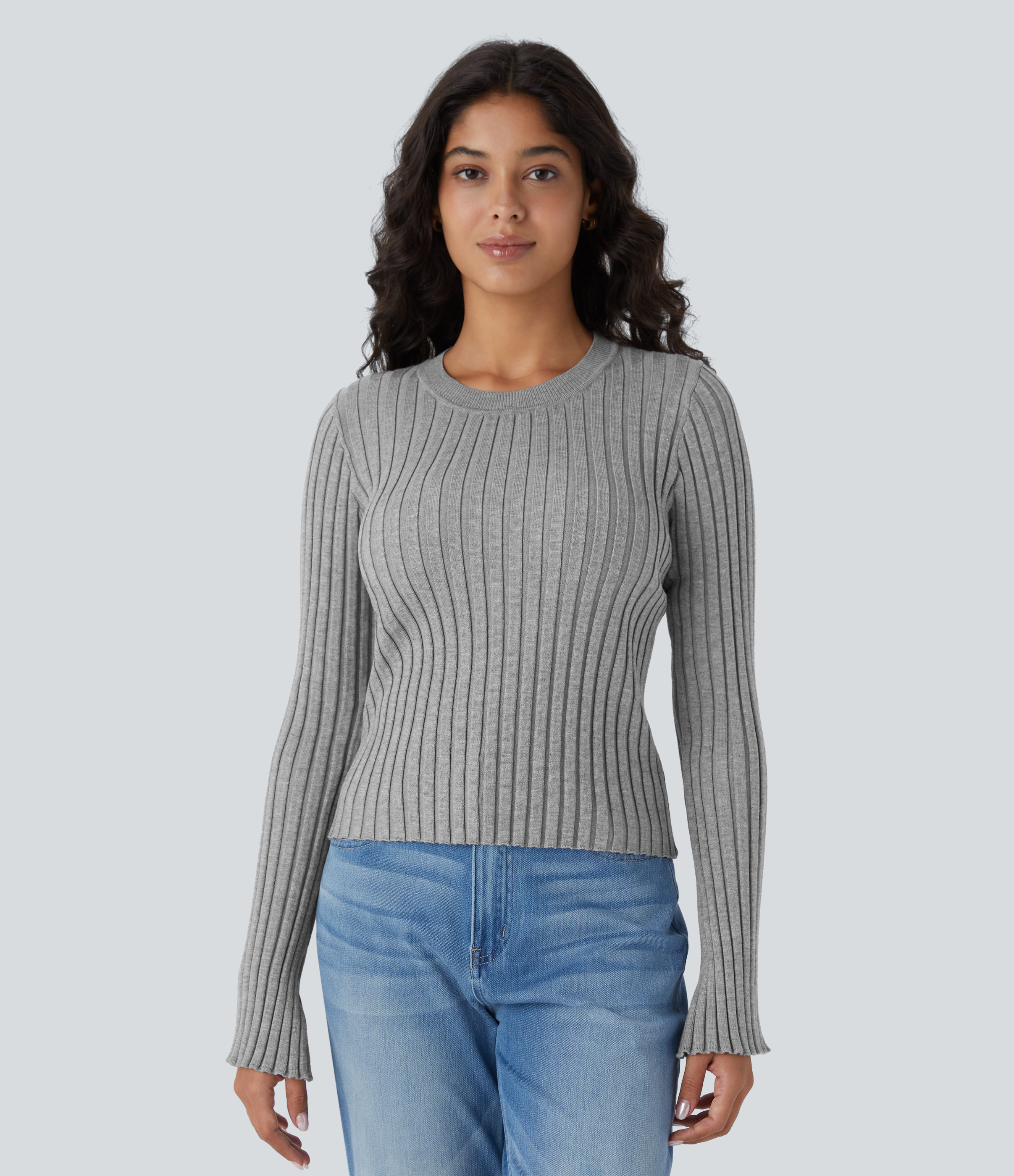 Halara Round Neck Long Sleeve Frill Casual Sweater  - Dark Mottled Grey - XL 