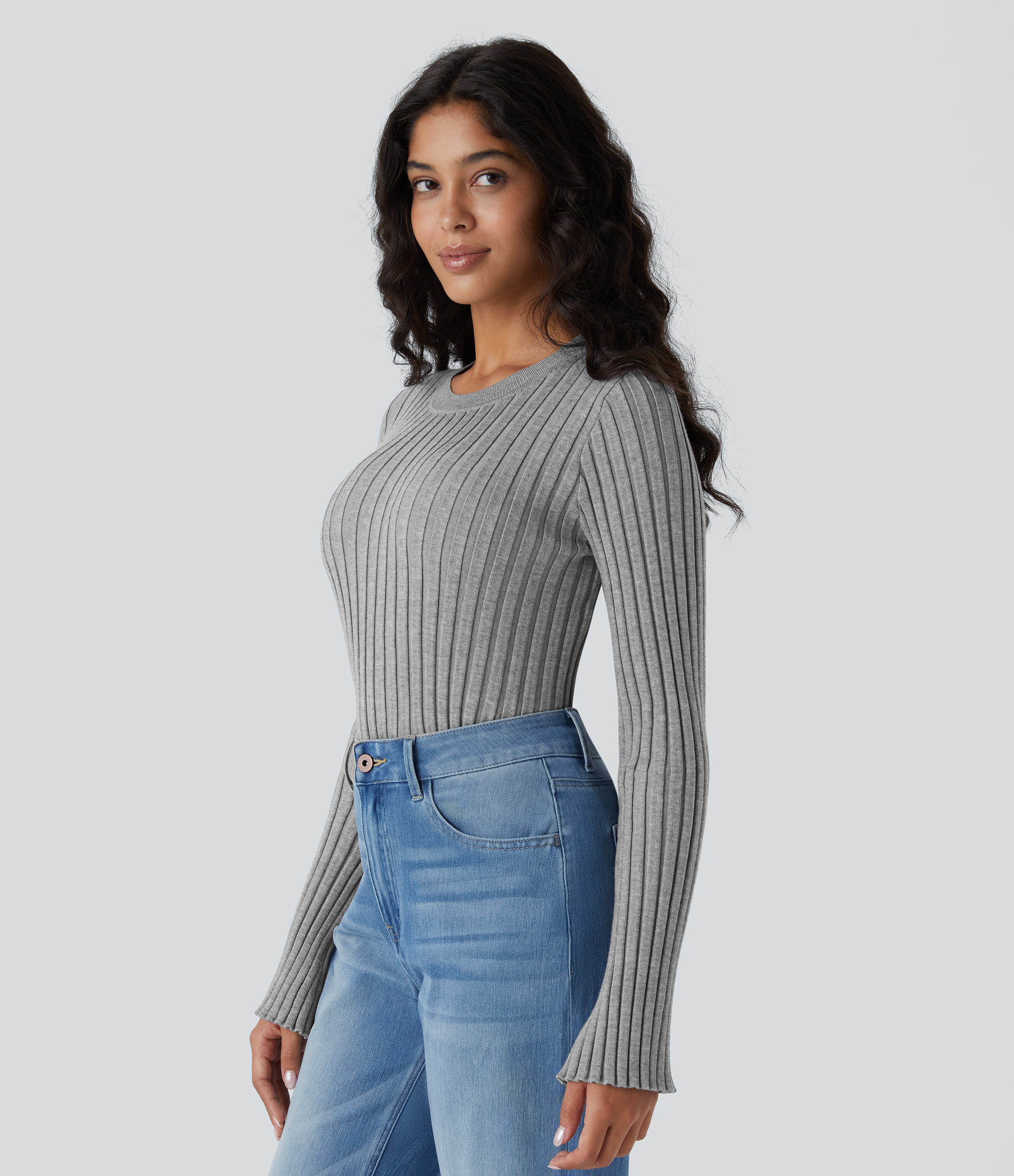 Halara Round Neck Long Sleeve Frill Casual Sweater  - Dark Mottled Grey - XL 