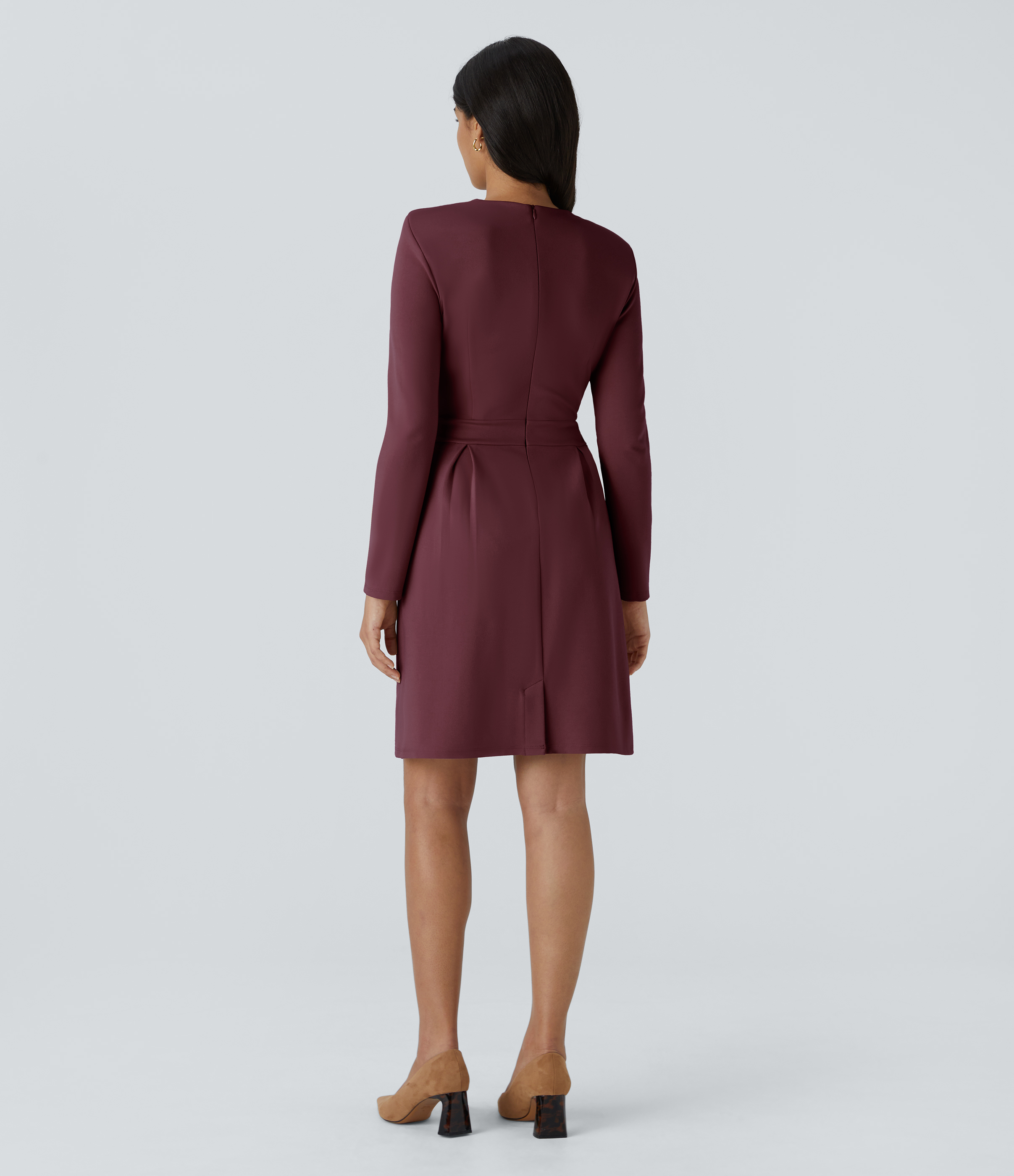 Halara Round Neck Shoulder Pad Long Sleeve Invisible Zipper Split Hem Slim Mini Work Dress Casual Dress - Chocolate Truffle - XS(regular) 