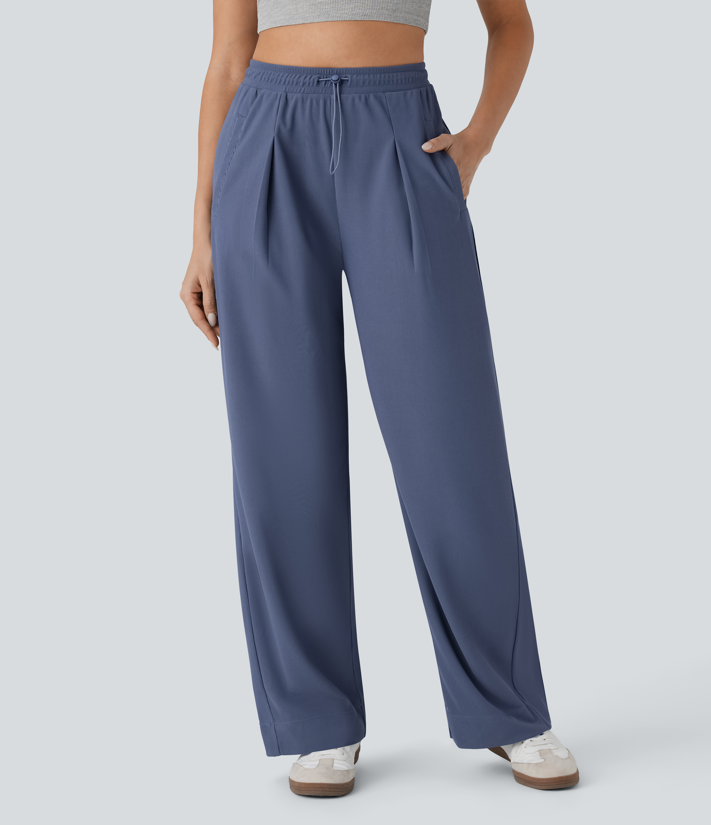 Halara High Waisted Adjustable Drawcord Side Pocket Straight Leg Micro Waffle Casual Pants  - Deep Sea Gray Blue - XS(regular) sweatpants 