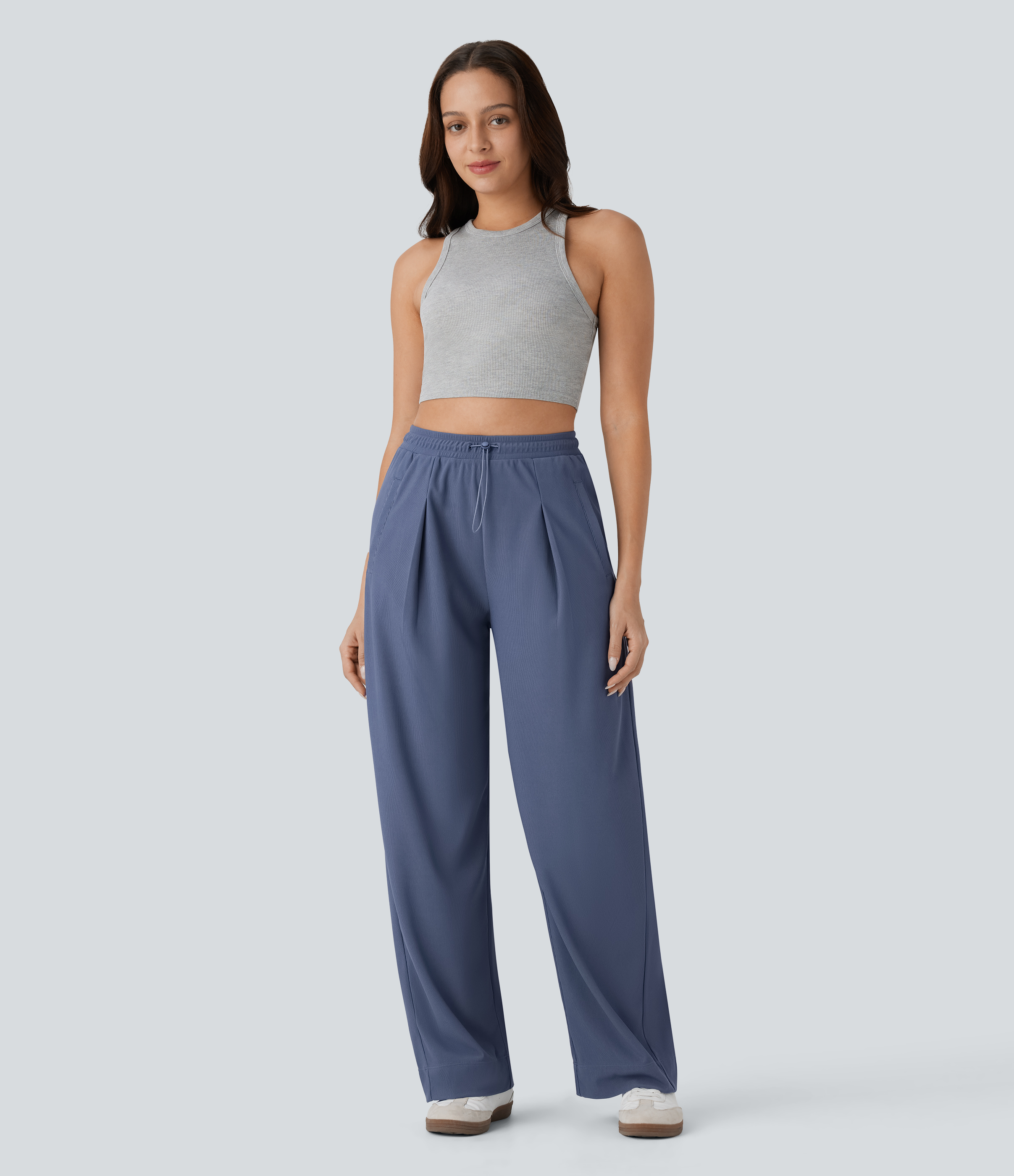 Halara High Waisted Adjustable Drawcord Side Pocket Straight Leg Micro Waffle Casual Pants  - Deep Sea Gray Blue - XS(regular) sweatpants 