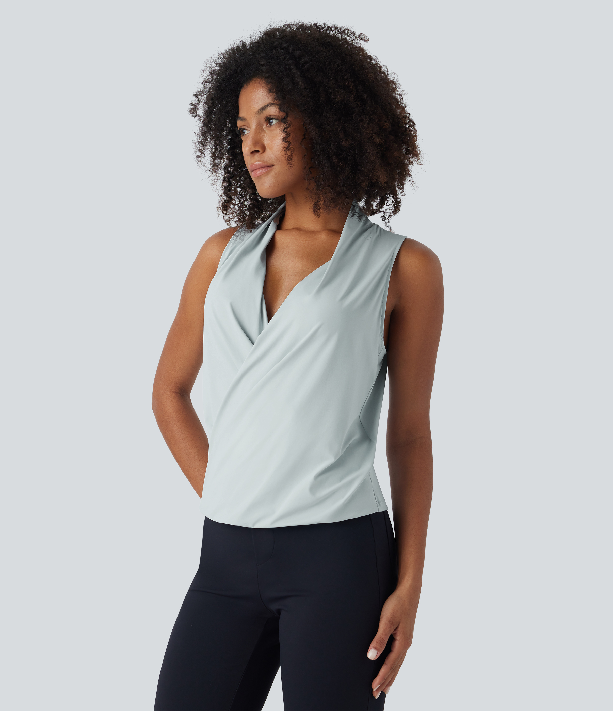 Halara Crossover V Neck Plicated Sleeveless Cool Touch Work Tank Top Tank Top - Blue Blush - S golf tops halter top tunic tops 