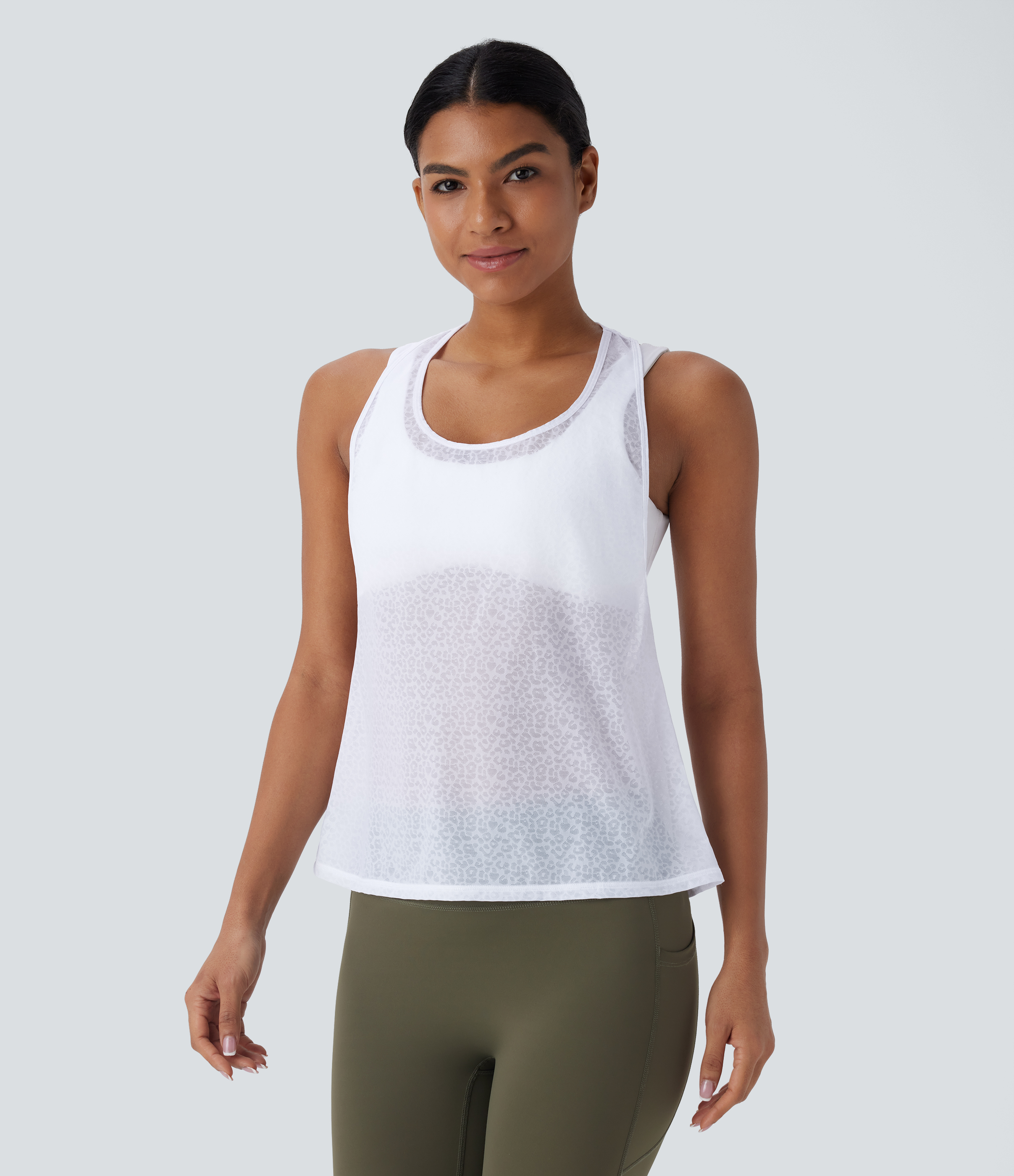 Halara Sheer Racerback Leopard Jacquard Training Tank Top Tank Top - Frost White - L golf tops halter top tunic tops sleeveless tops 